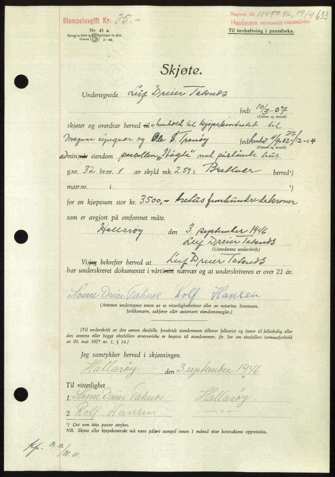 Nordmøre sorenskriveri, AV/SAT-A-4132/1/2/2Ca: Mortgage book no. A102, 1946-1946, Diary no: : 1844/1946