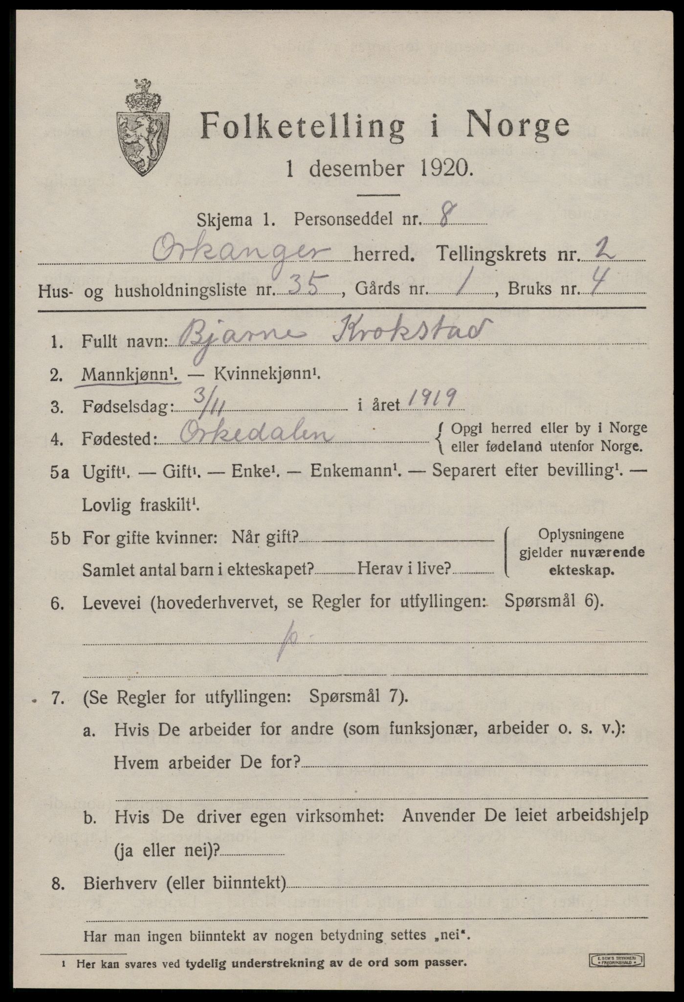 SAT, 1920 census for Orkanger, 1920, p. 1743