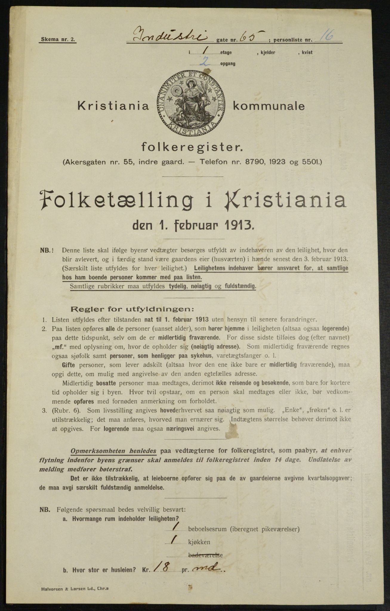 OBA, Municipal Census 1913 for Kristiania, 1913, p. 43536