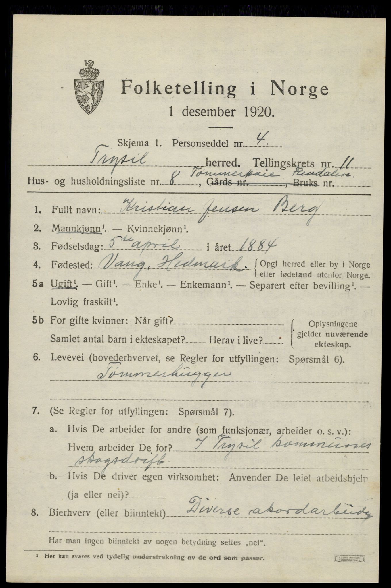 SAH, 1920 census for Trysil, 1920, p. 7051