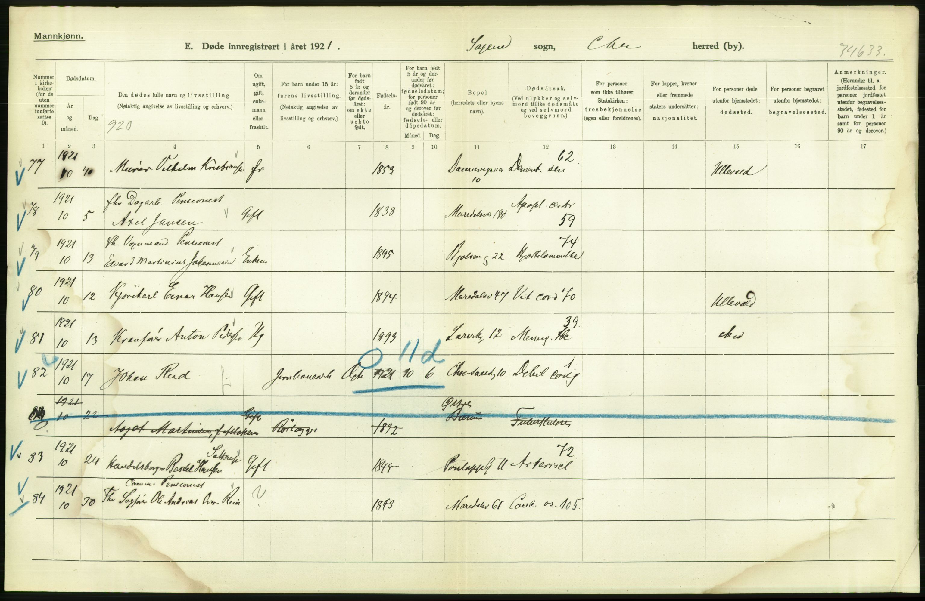 Statistisk sentralbyrå, Sosiodemografiske emner, Befolkning, AV/RA-S-2228/D/Df/Dfc/Dfca/L0013: Kristiania: Døde, dødfødte, 1921, p. 94