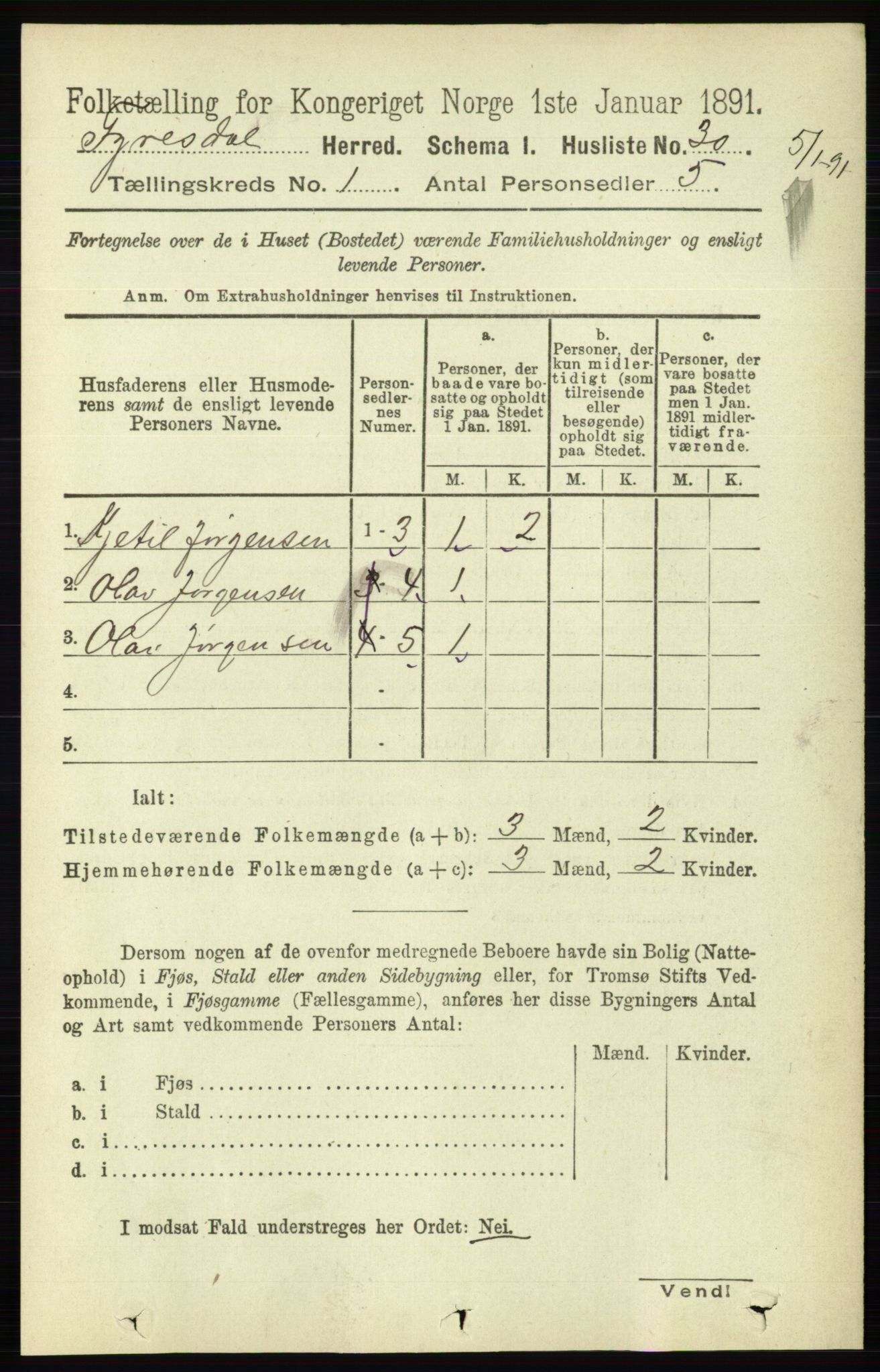 RA, 1891 census for 0831 Fyresdal, 1891, p. 53