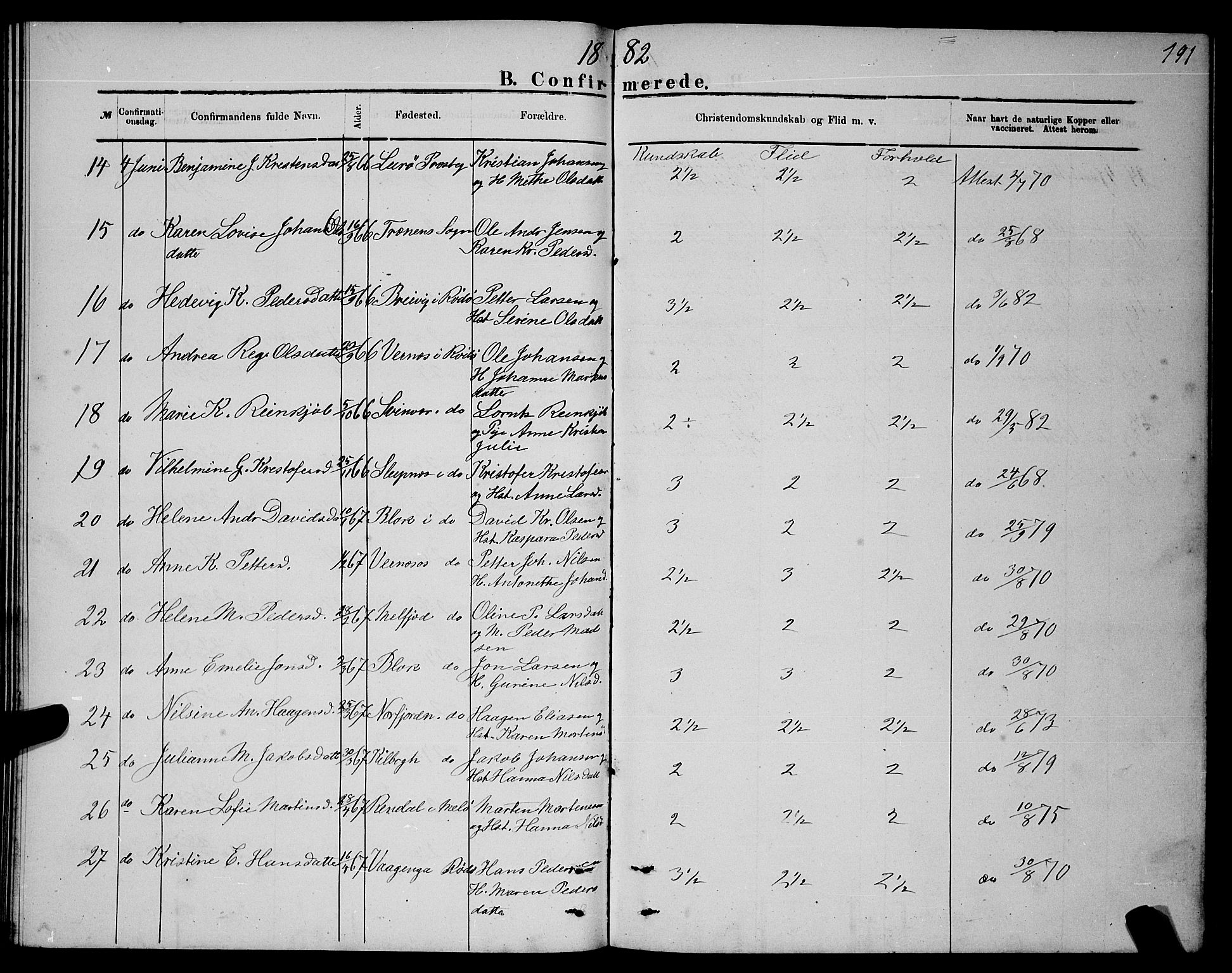Ministerialprotokoller, klokkerbøker og fødselsregistre - Nordland, AV/SAT-A-1459/841/L0620: Parish register (copy) no. 841C04, 1877-1896, p. 191
