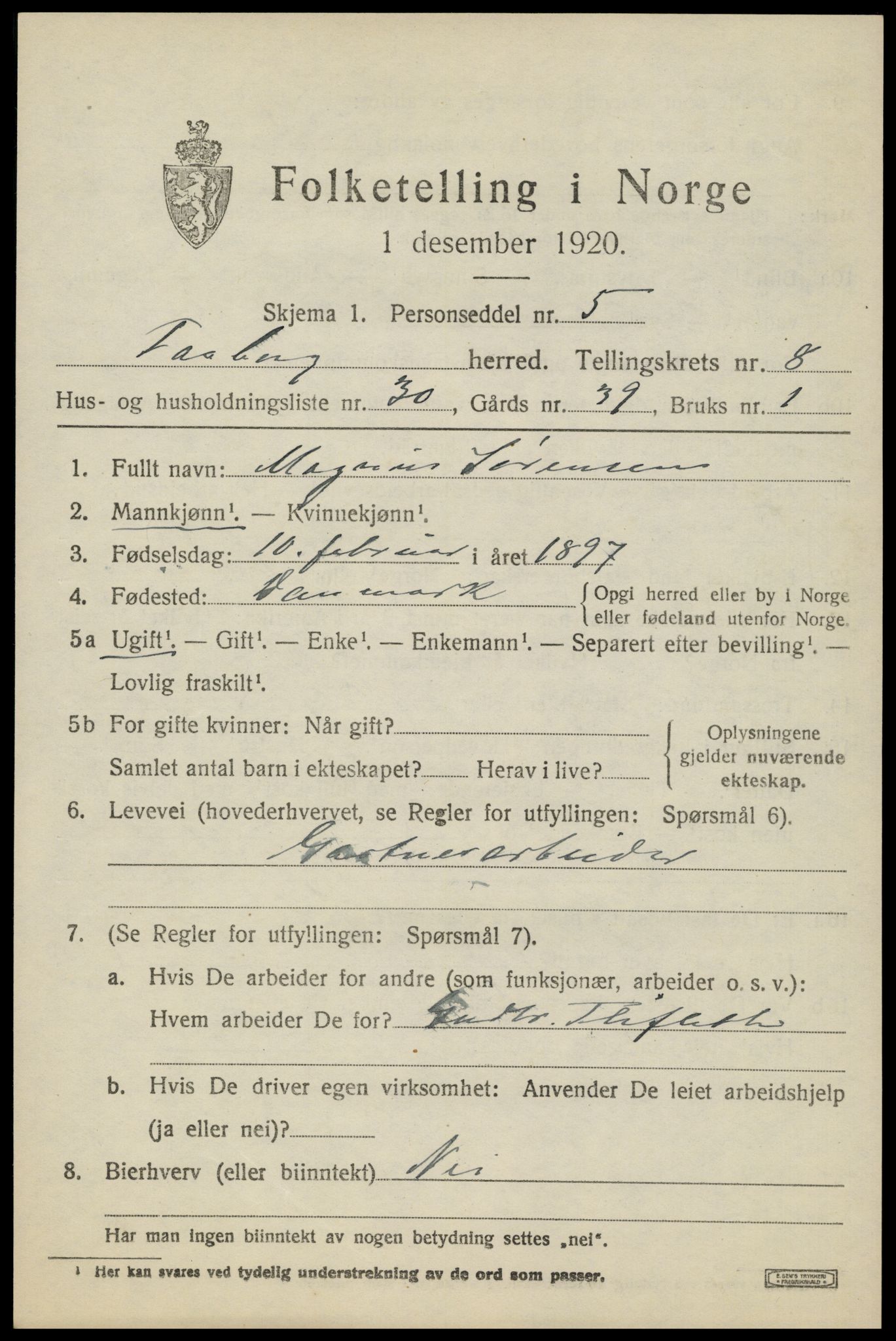 SAH, 1920 census for Fåberg, 1920, p. 9544