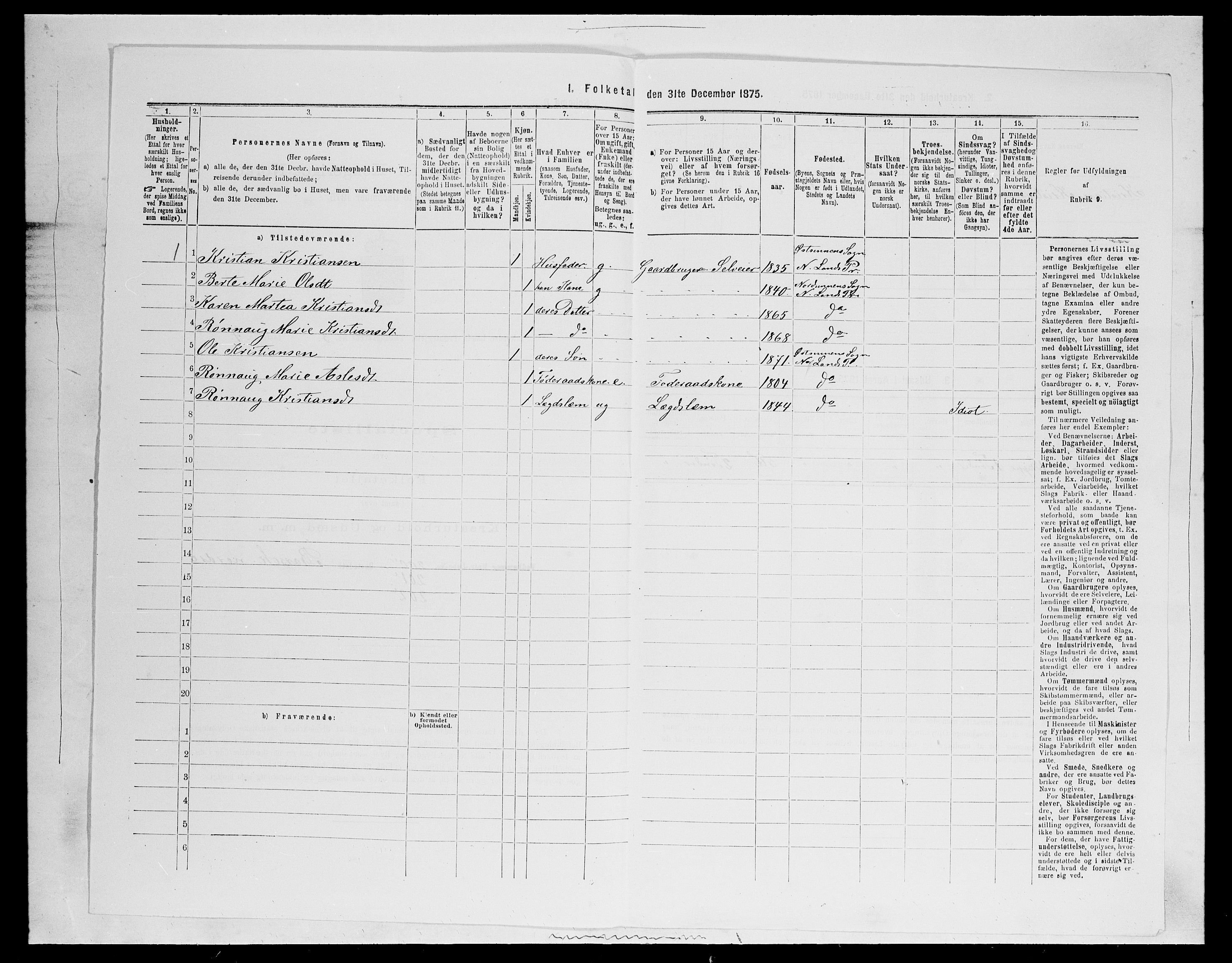 SAH, 1875 census for 0538P Nordre Land, 1875, p. 376