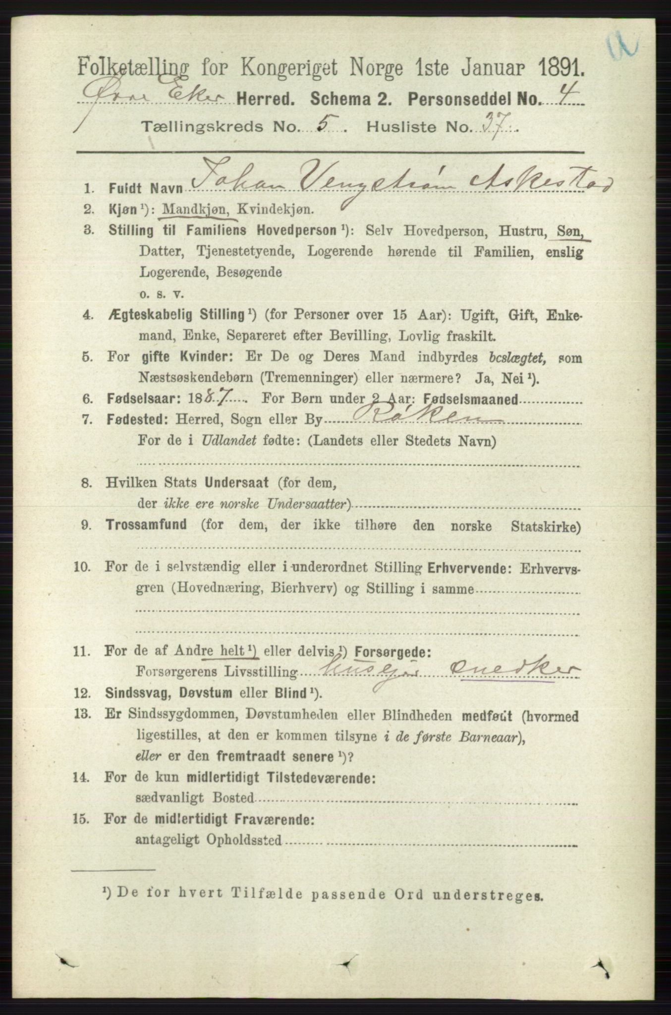 RA, 1891 census for 0624 Øvre Eiker, 1891, p. 2037