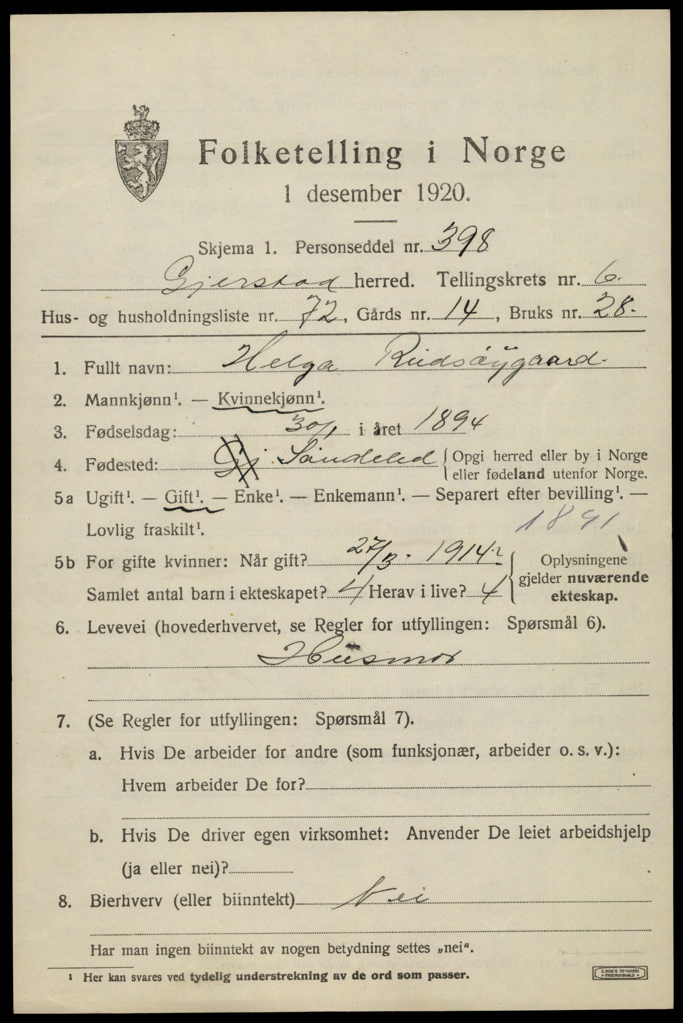 SAK, 1920 census for Gjerstad, 1920, p. 4617