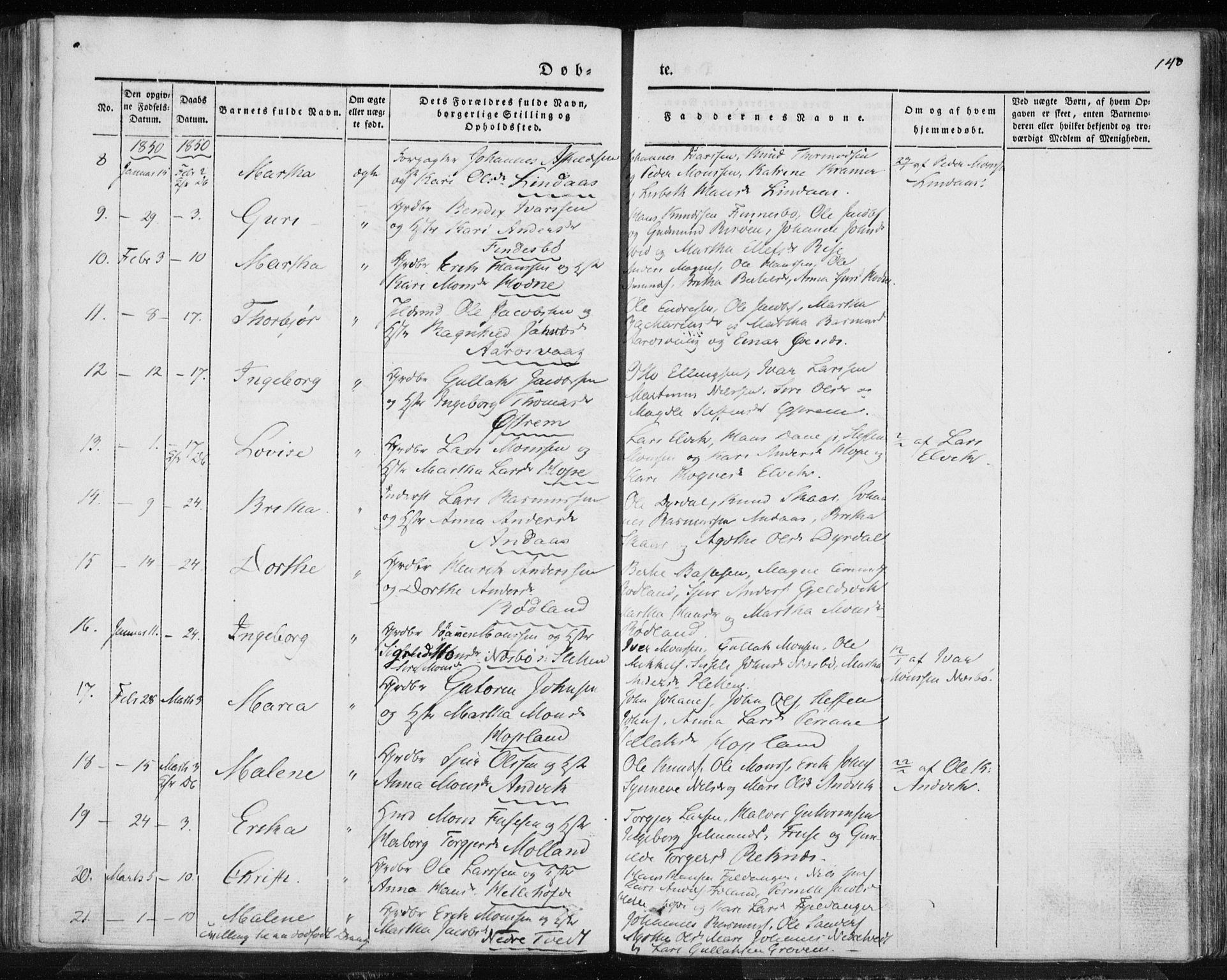 Lindås Sokneprestembete, AV/SAB-A-76701/H/Haa/Haaa/L0010: Parish register (official) no. A 10, 1842-1862, p. 140