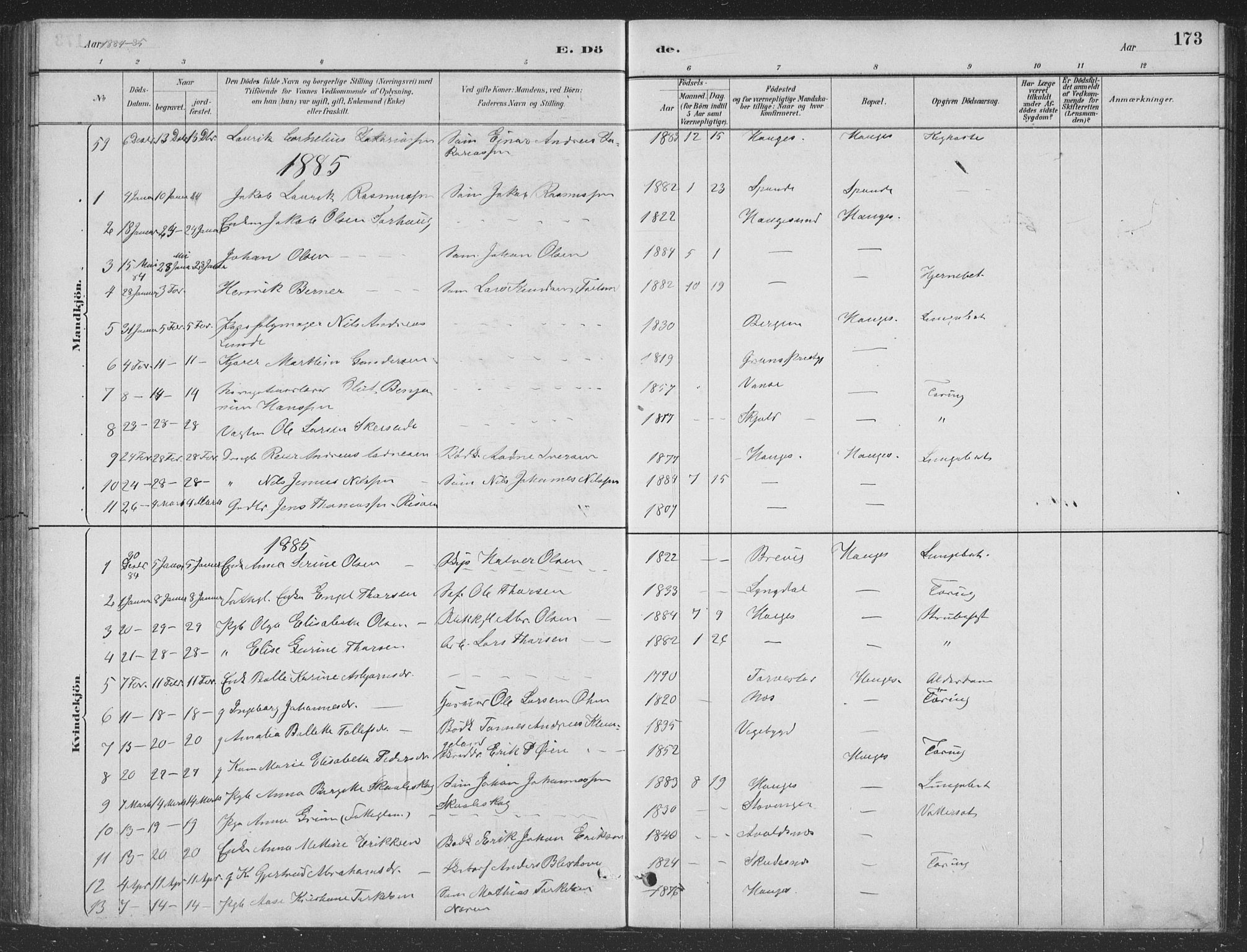 Haugesund sokneprestkontor, SAST/A -101863/H/Ha/Hab/L0002: Parish register (copy) no. B 2, 1881-1894, p. 173