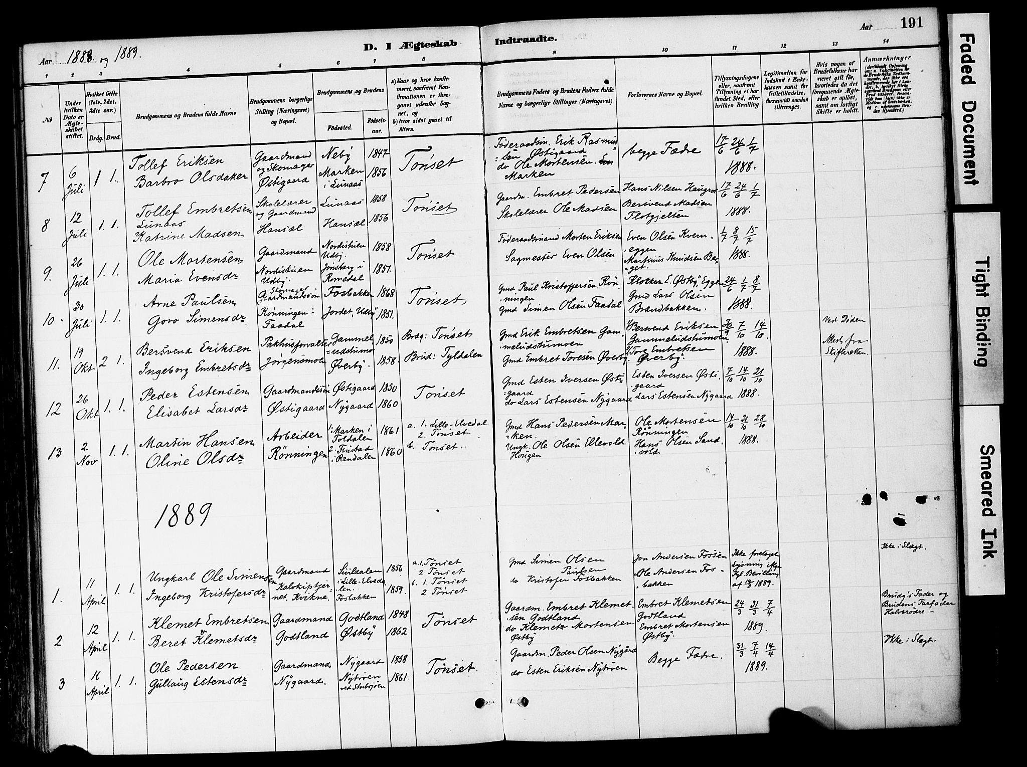 Tynset prestekontor, SAH/PREST-058/H/Ha/Haa/L0022: Parish register (official) no. 22, 1880-1899, p. 191