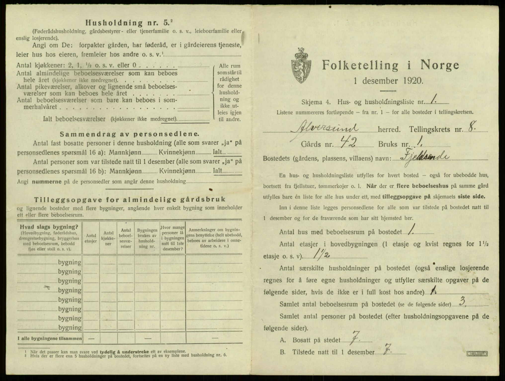 SAB, 1920 census for Alversund, 1920, p. 581