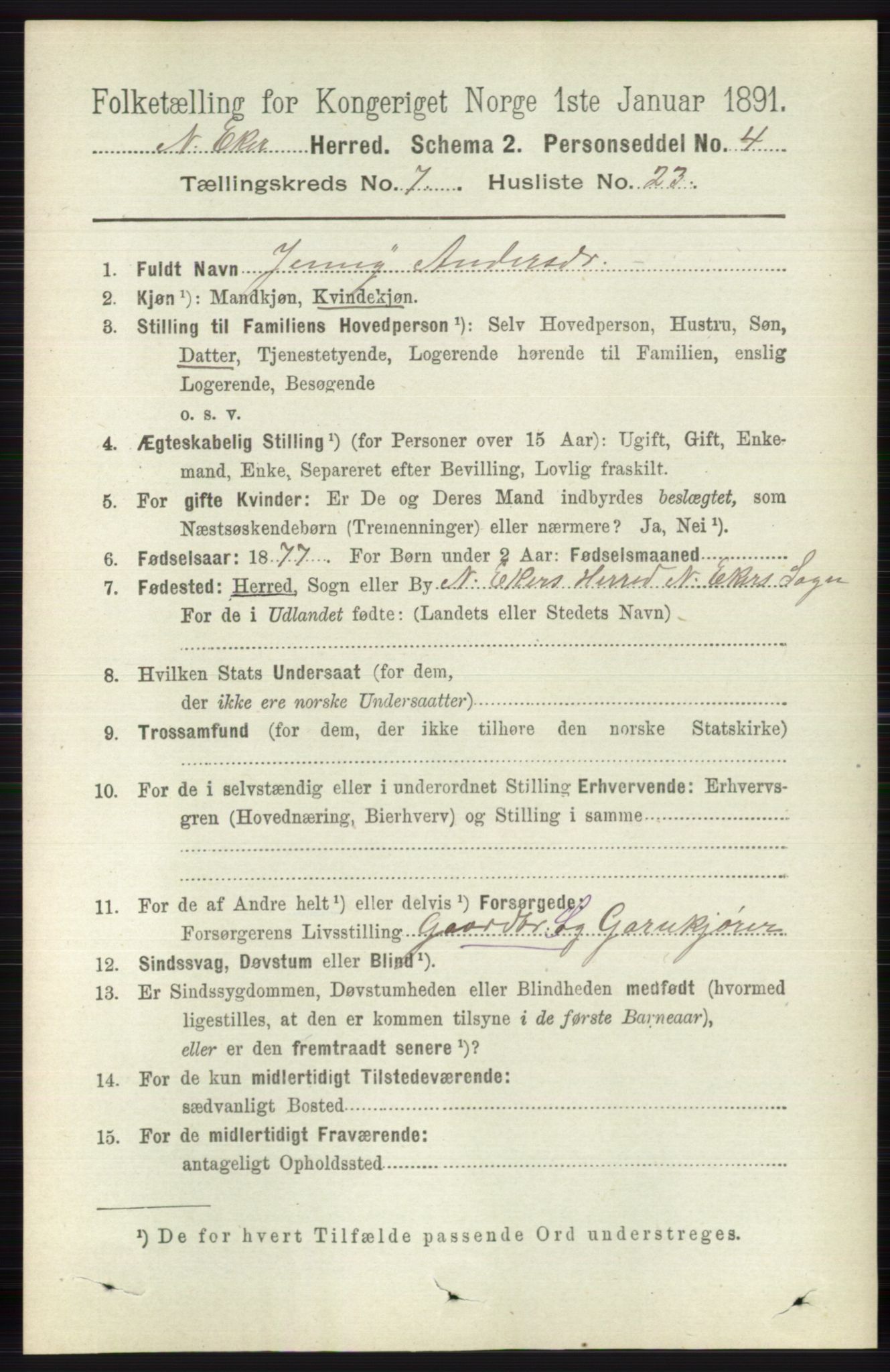 RA, 1891 census for 0625 Nedre Eiker, 1891, p. 3538
