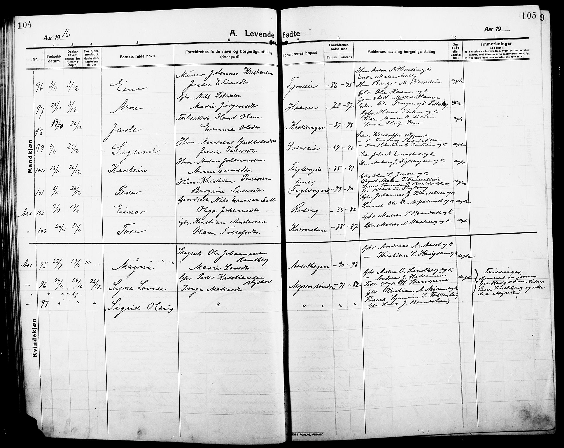 Ringsaker prestekontor, SAH/PREST-014/L/La/L0018: Parish register (copy) no. 18, 1913-1922, p. 104-105