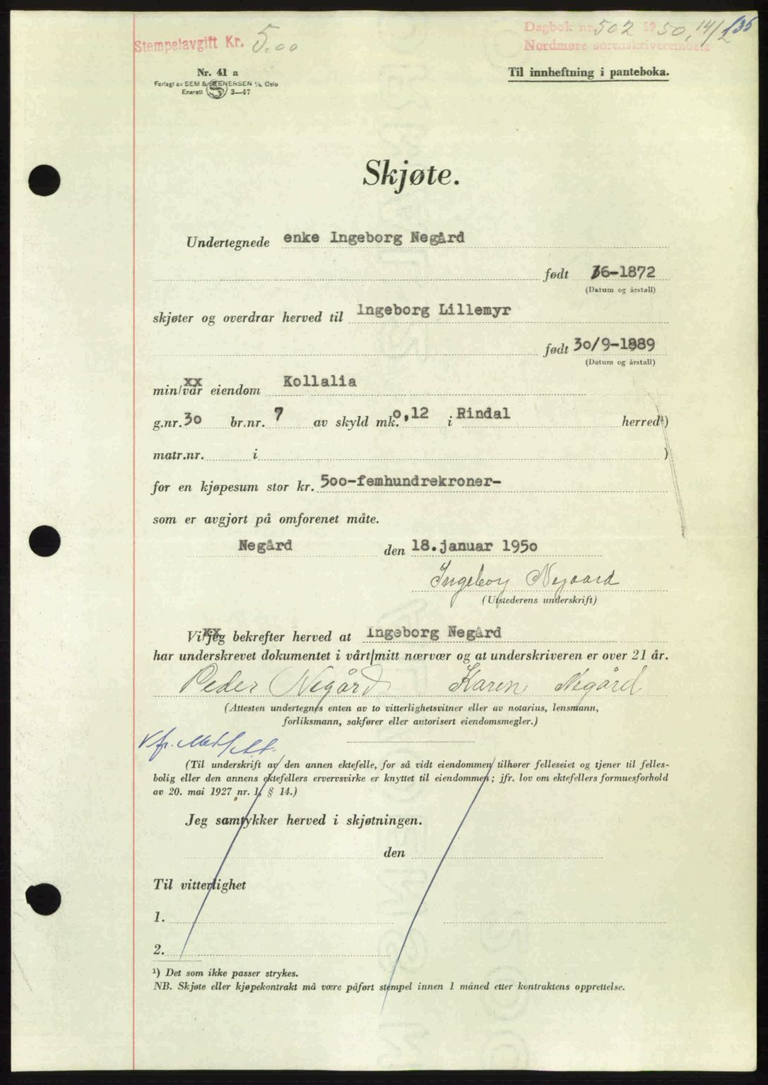 Nordmøre sorenskriveri, AV/SAT-A-4132/1/2/2Ca: Mortgage book no. A114, 1950-1950, Diary no: : 502/1950