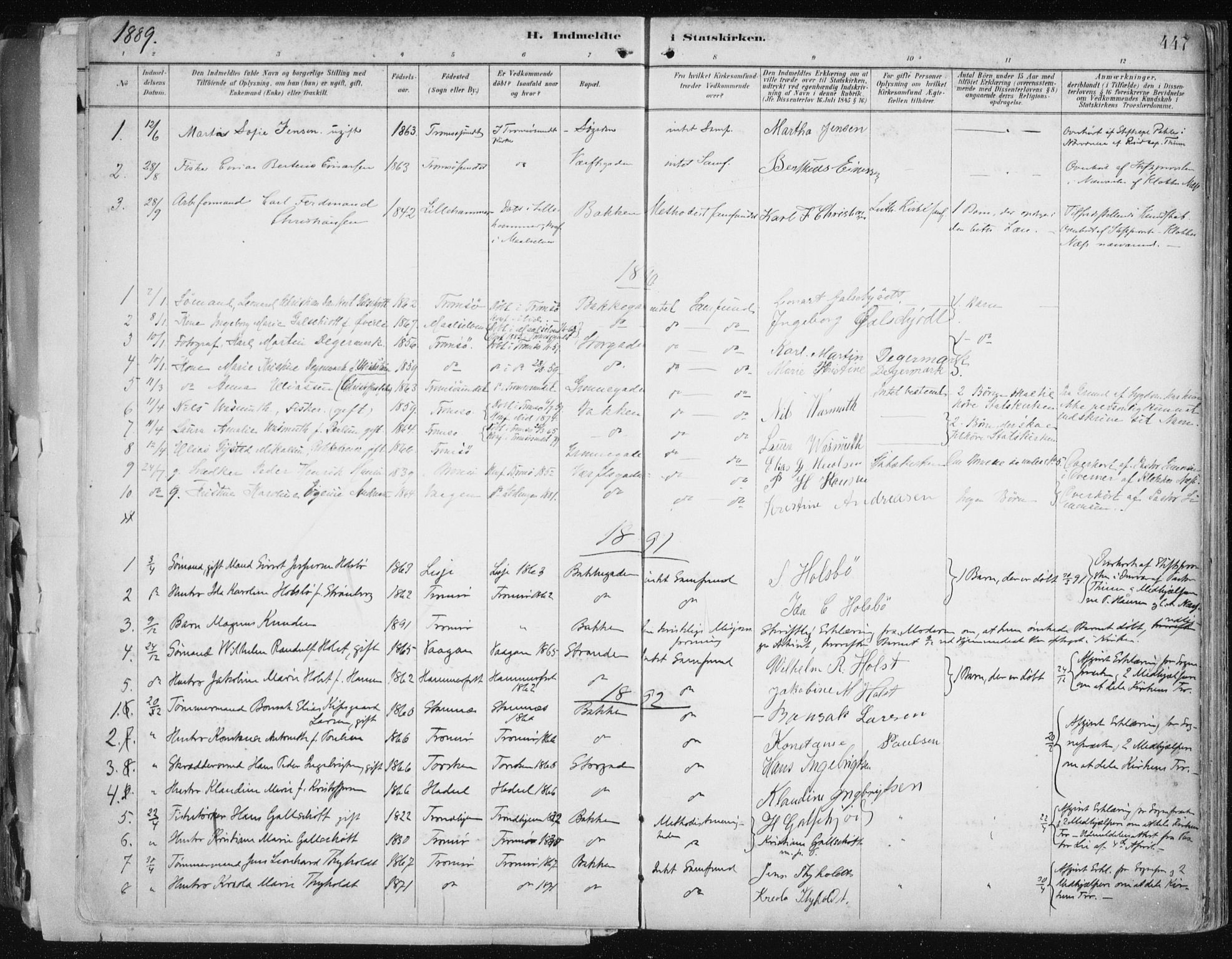 Tromsø sokneprestkontor/stiftsprosti/domprosti, SATØ/S-1343/G/Ga/L0015kirke: Parish register (official) no. 15, 1889-1899, p. 447