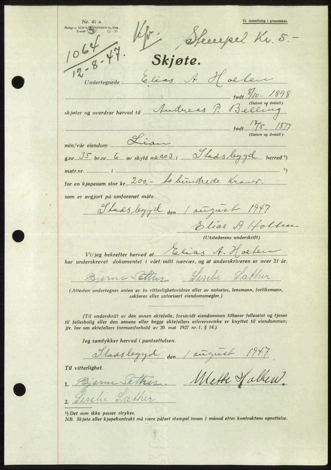 Fosen sorenskriveri, AV/SAT-A-1107/1/2/2C: Mortgage book no. A4-6, 1946-1947, Diary no: : 1064/1947