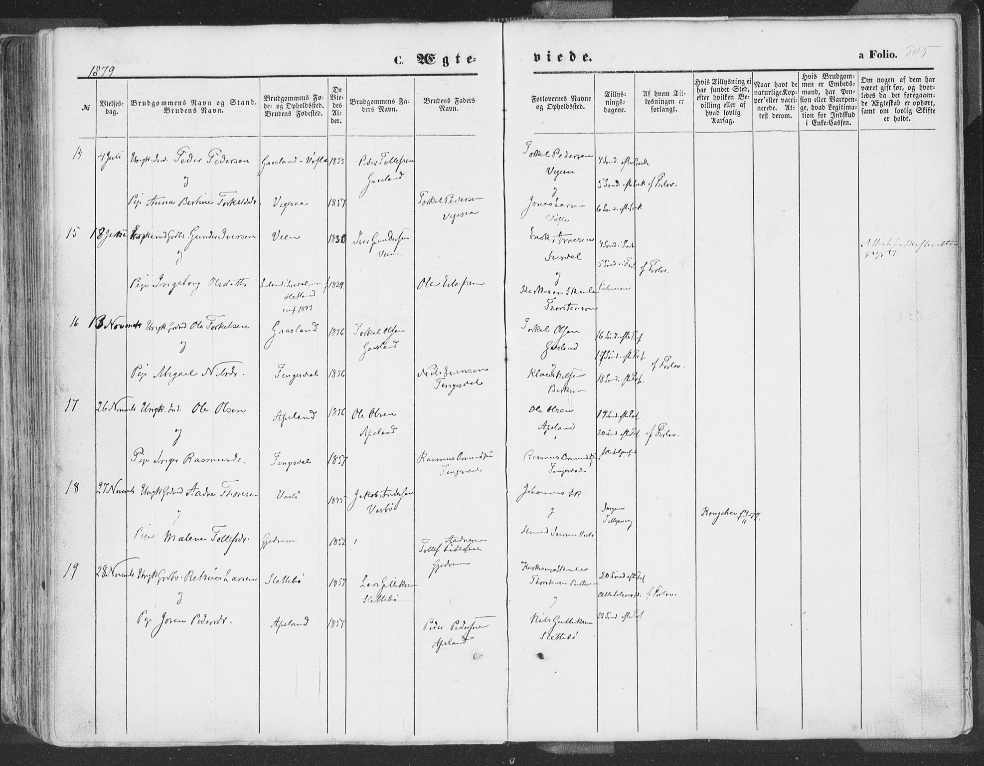 Helleland sokneprestkontor, AV/SAST-A-101810: Parish register (official) no. A 7.1, 1863-1886, p. 305