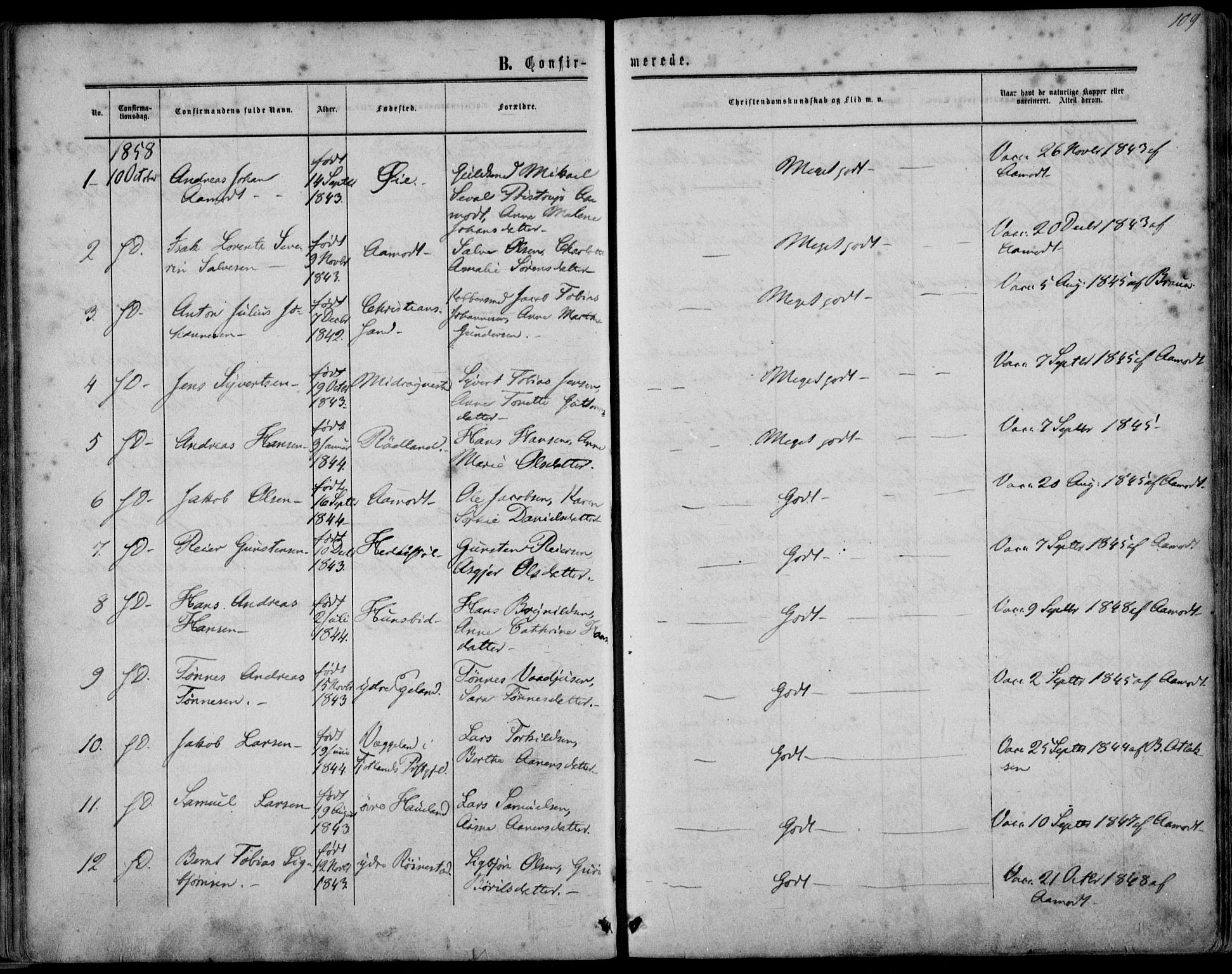 Kvinesdal sokneprestkontor, AV/SAK-1111-0026/F/Fa/Fab/L0006: Parish register (official) no. A 6, 1857-1869, p. 109