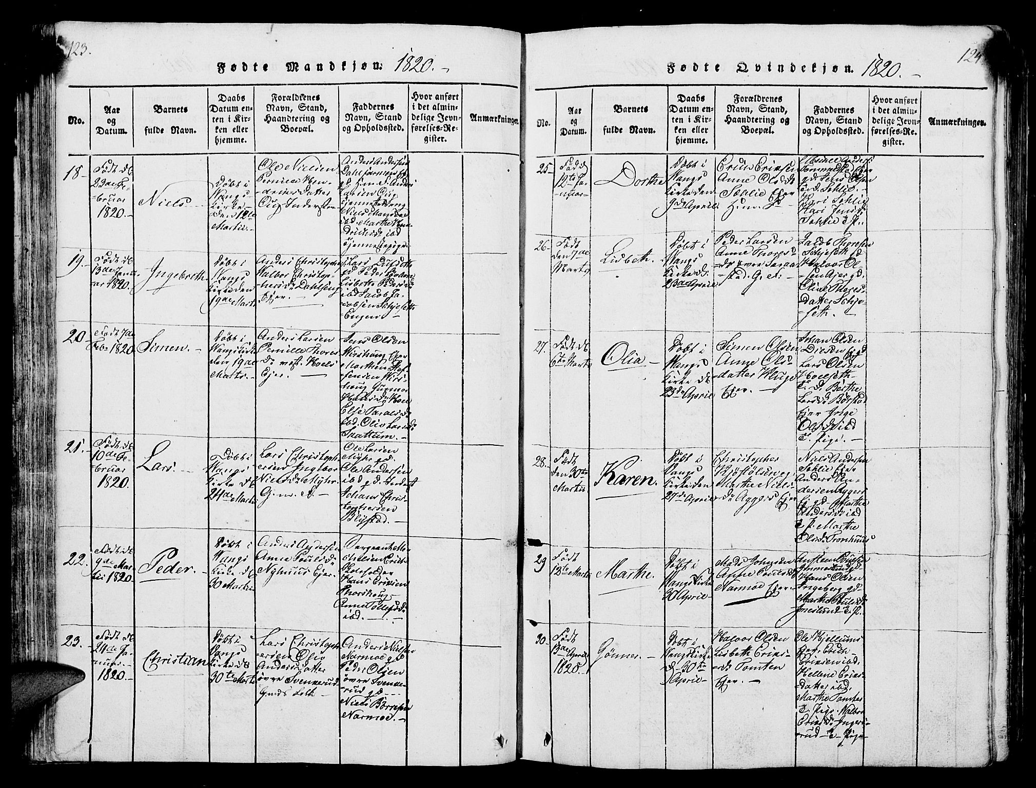 Vang prestekontor, Hedmark, AV/SAH-PREST-008/H/Ha/Hab/L0004: Parish register (copy) no. 4, 1813-1827, p. 123-124