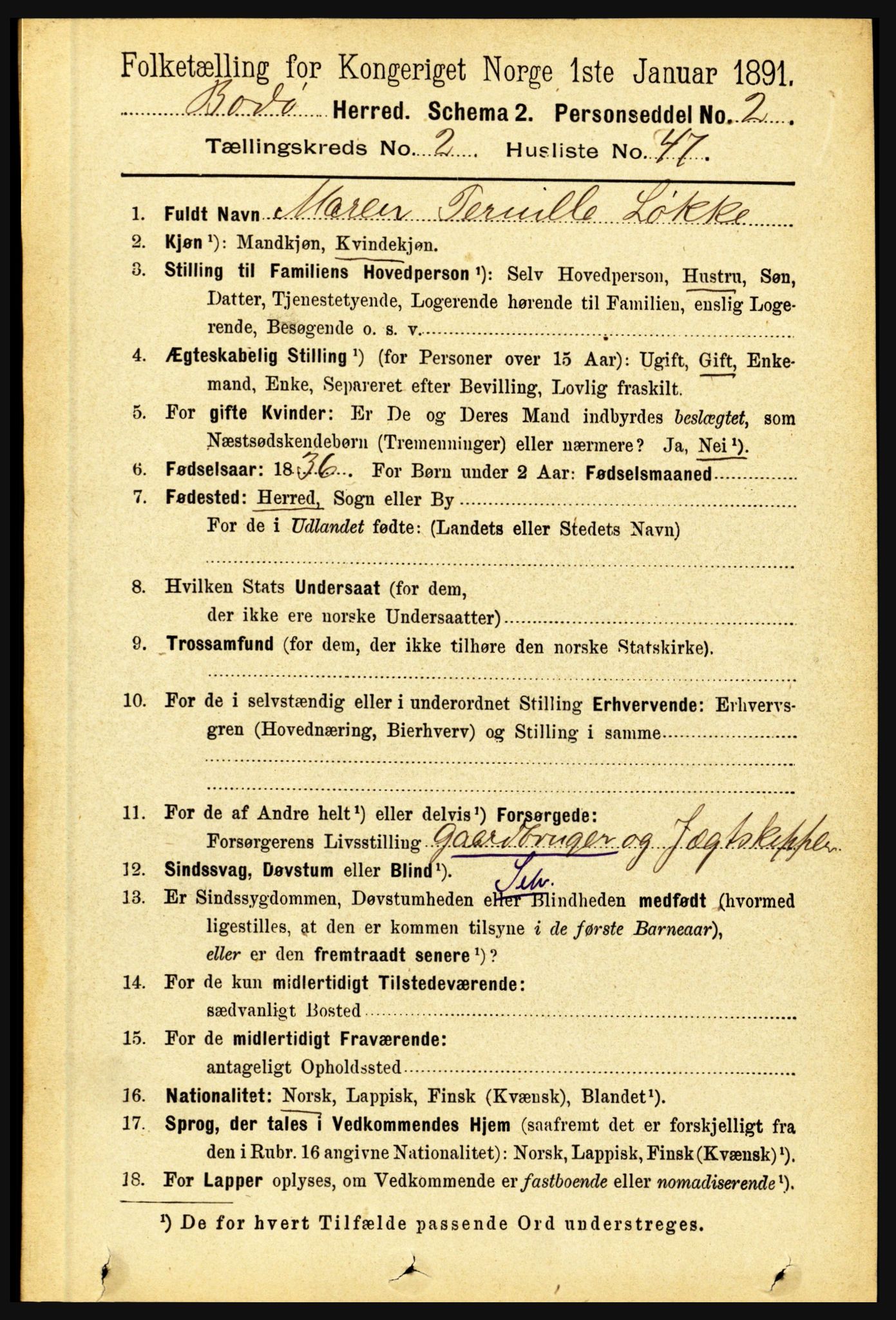 RA, 1891 census for 1843 Bodø, 1891, p. 1011