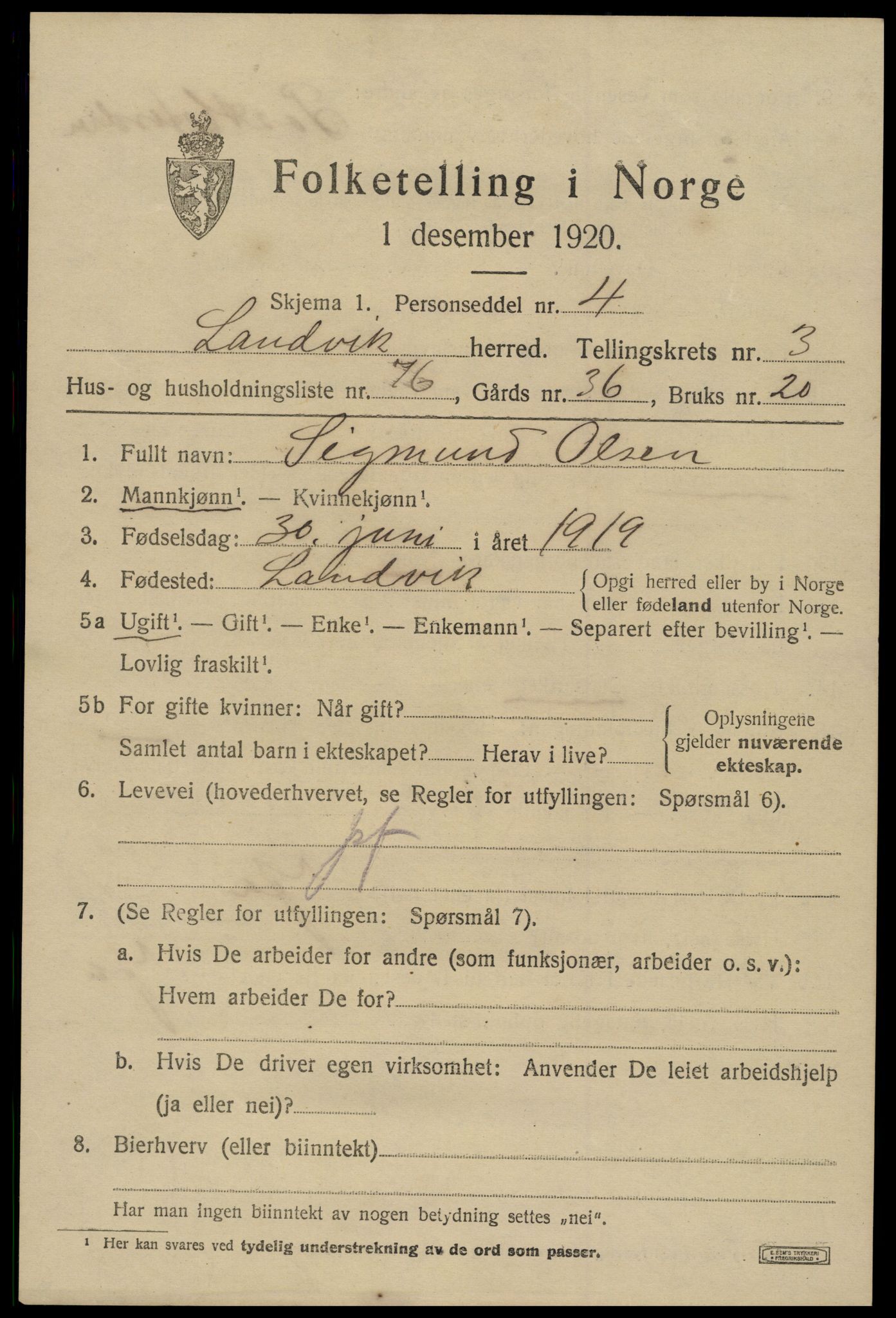 SAK, 1920 census for Landvik, 1920, p. 3658