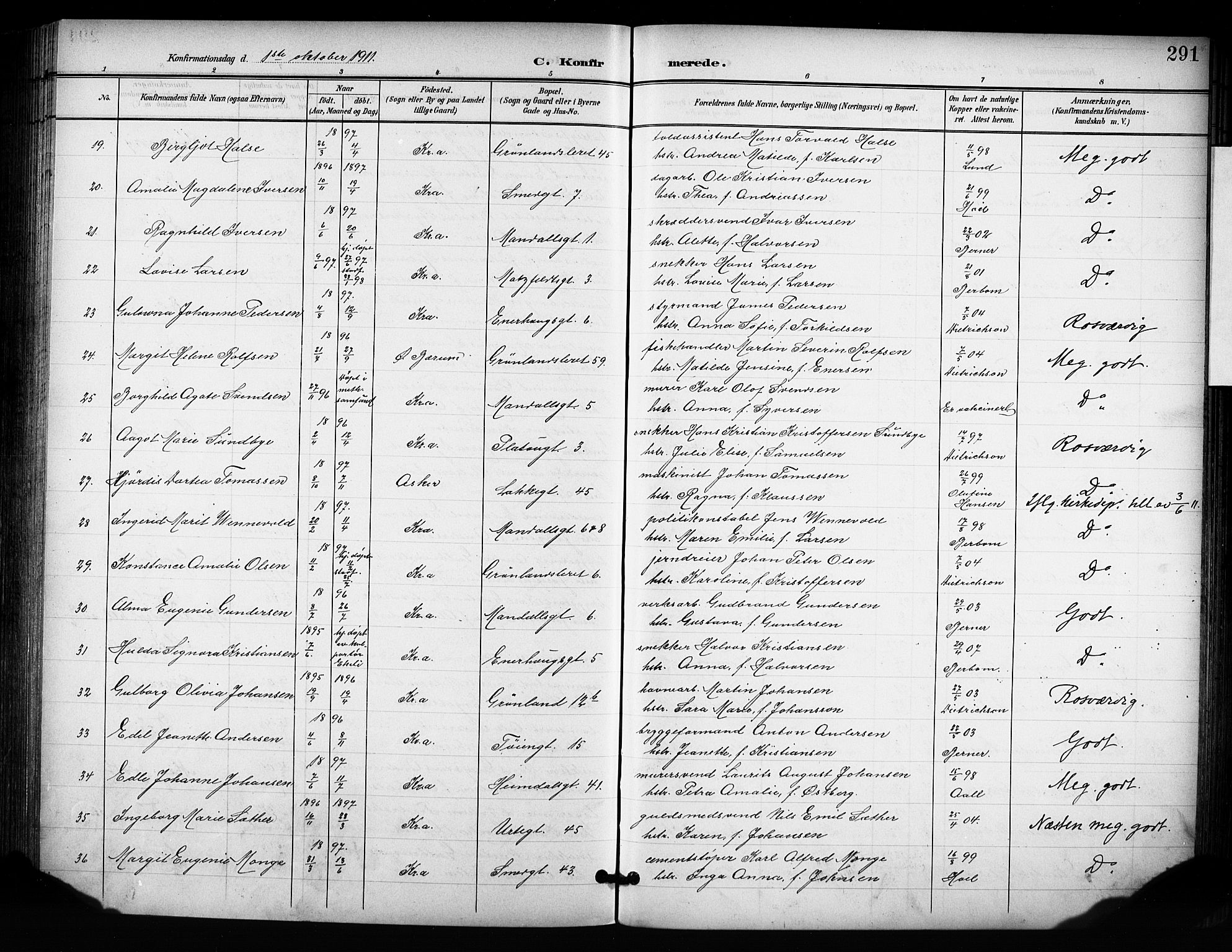 Grønland prestekontor Kirkebøker, SAO/A-10848/F/Fa/L0015: Parish register (official) no. 15, 1899-1919, p. 291