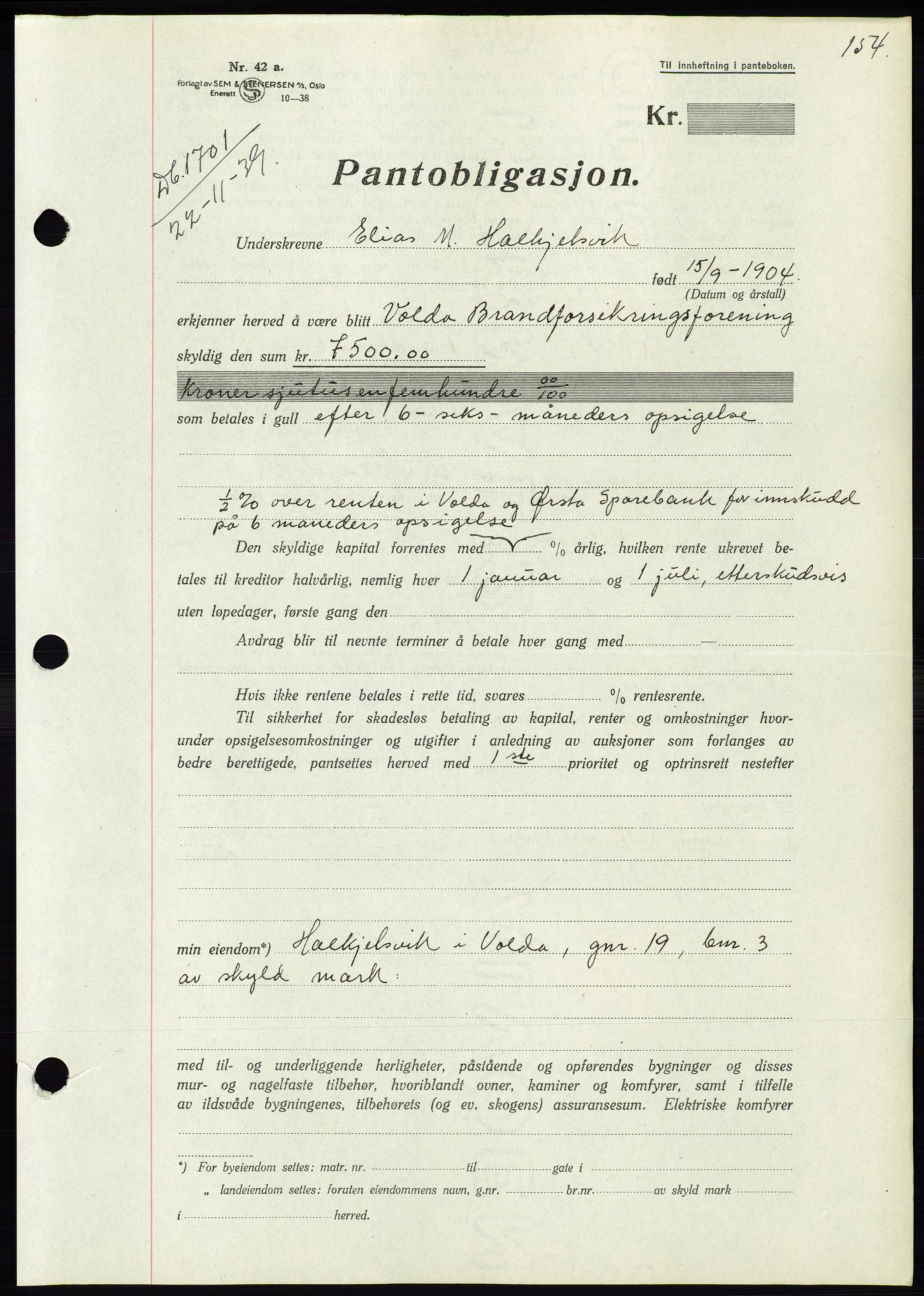 Søre Sunnmøre sorenskriveri, AV/SAT-A-4122/1/2/2C/L0069: Mortgage book no. 63, 1939-1940, Diary no: : 1701/1939