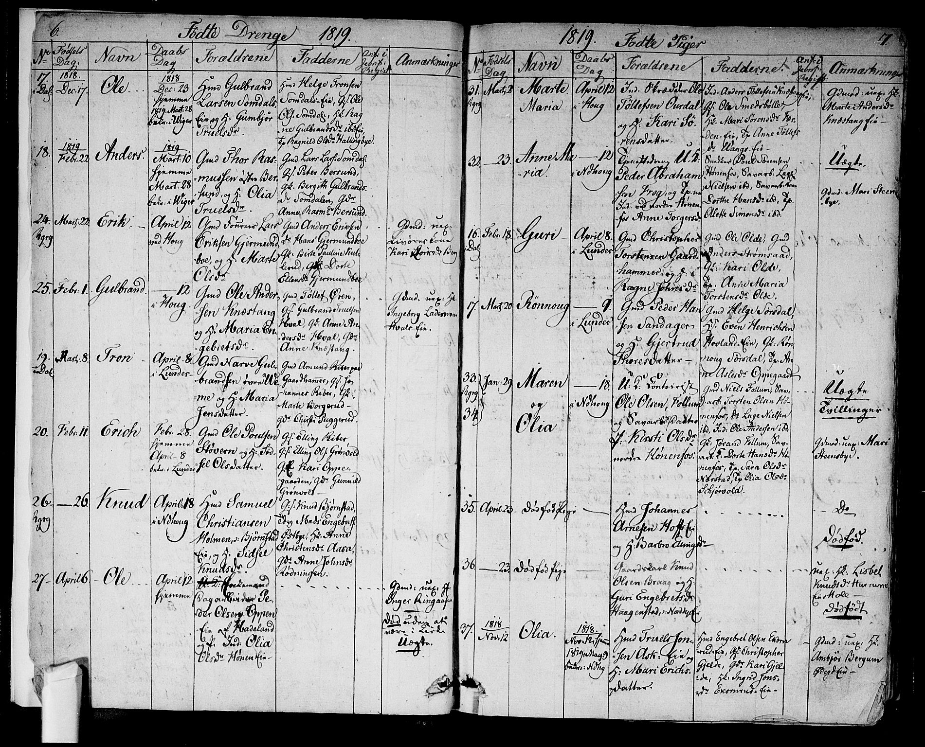 Norderhov kirkebøker, AV/SAKO-A-237/F/Fa/L0009: Parish register (official) no. 9, 1819-1837, p. 6-7