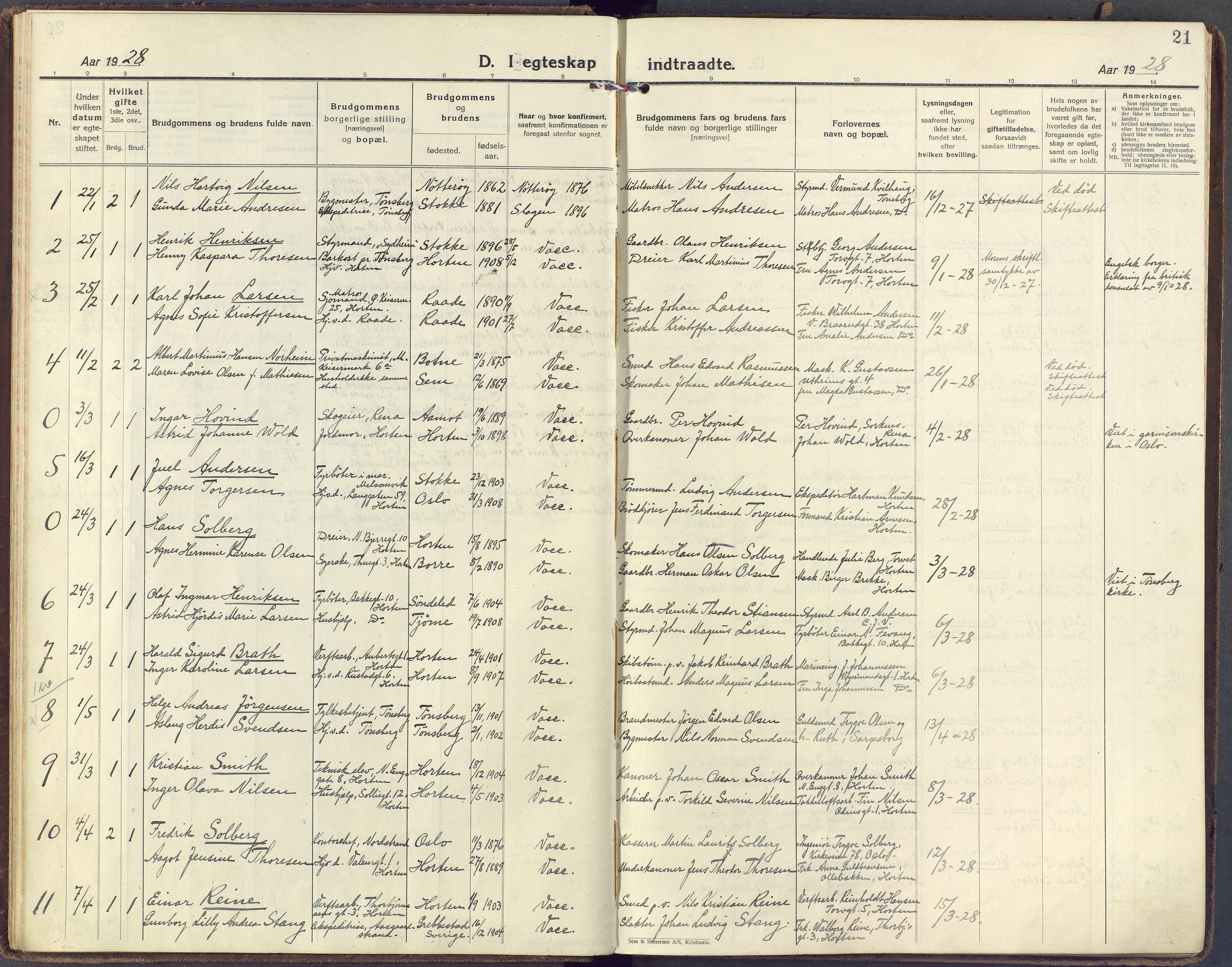 Horten kirkebøker, AV/SAKO-A-348/F/Fa/L0009: Parish register (official) no. 9, 1925-1936, p. 21