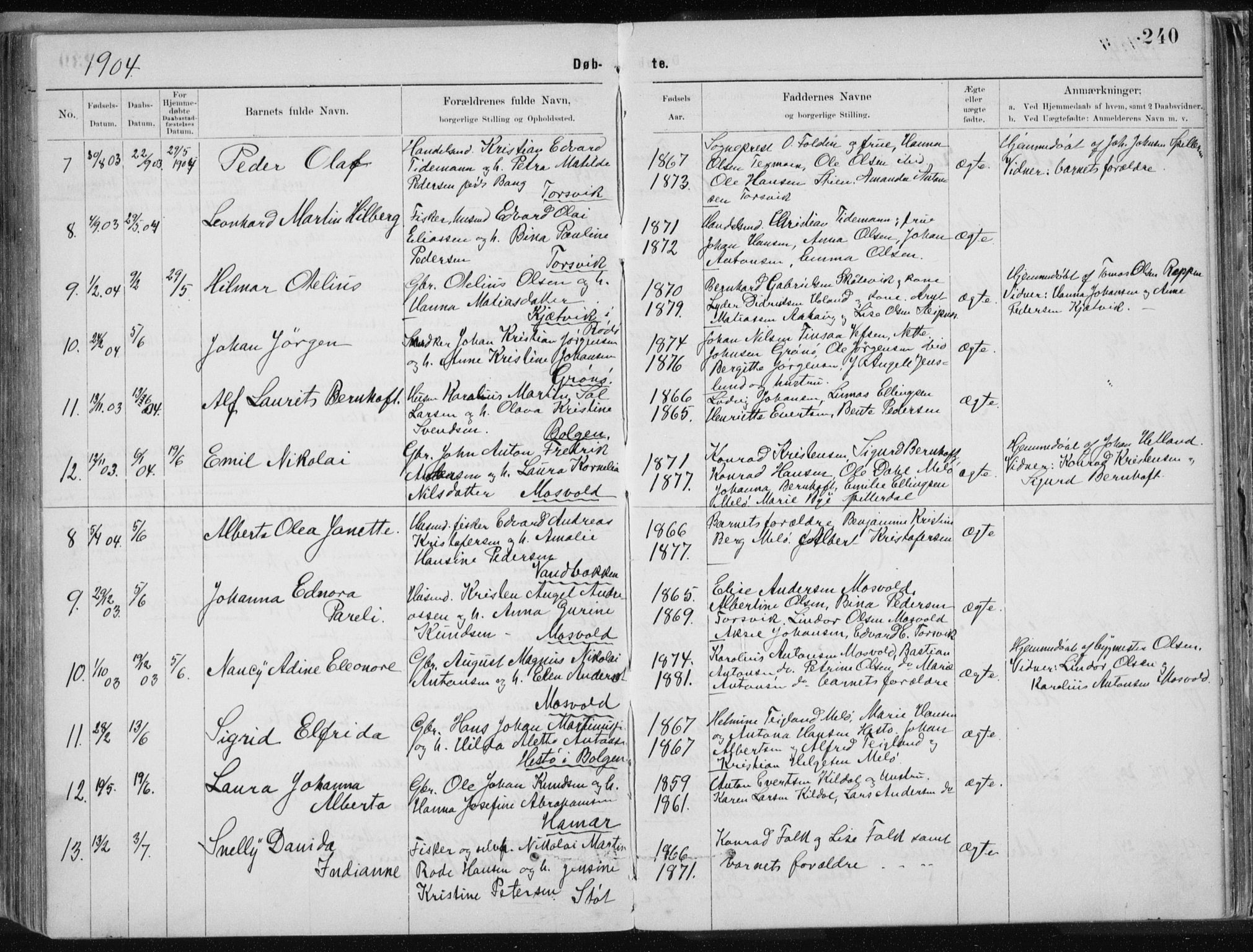 Ministerialprotokoller, klokkerbøker og fødselsregistre - Nordland, SAT/A-1459/843/L0636: Parish register (copy) no. 843C05, 1884-1909, p. 240