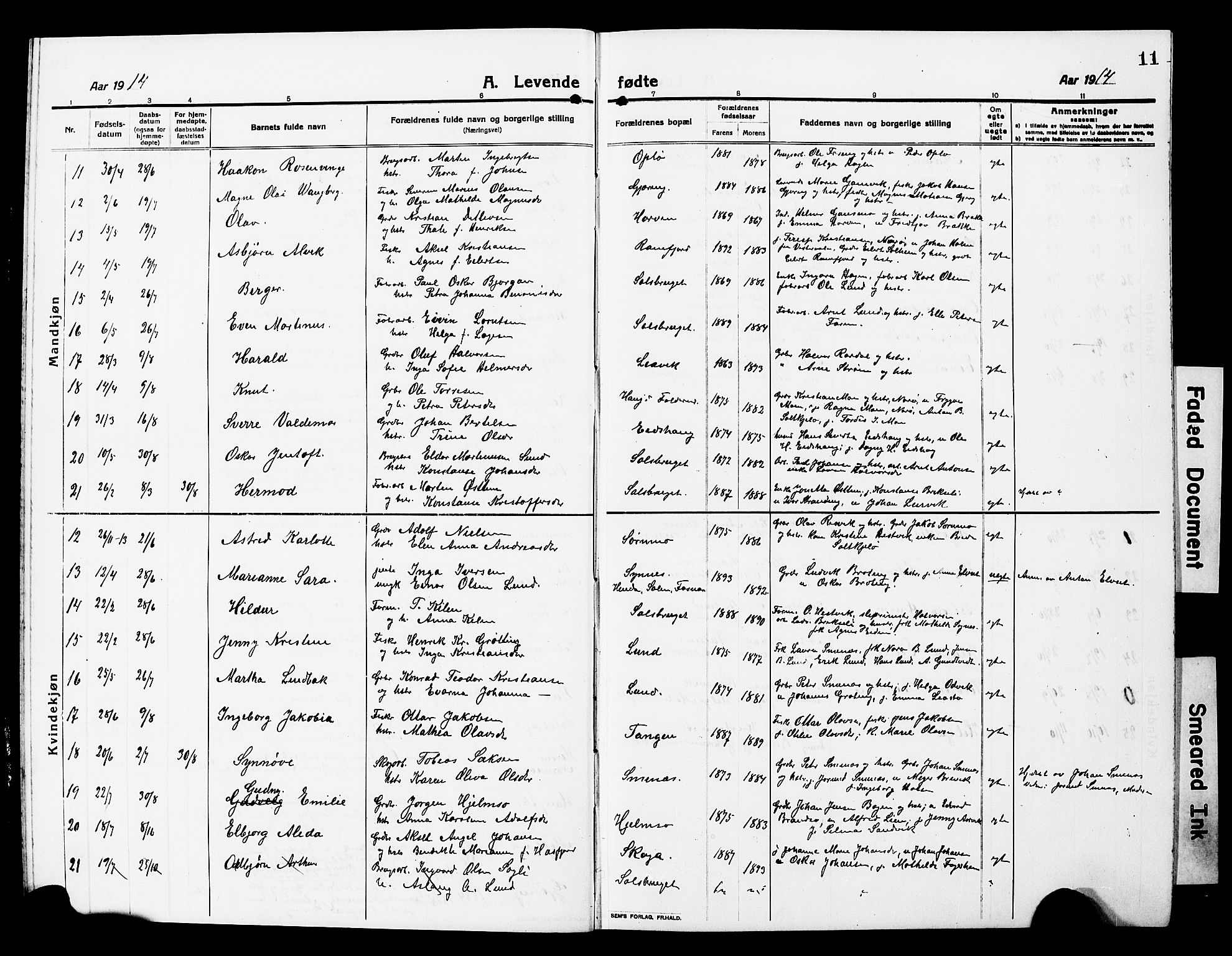 Ministerialprotokoller, klokkerbøker og fødselsregistre - Nord-Trøndelag, AV/SAT-A-1458/780/L0653: Parish register (copy) no. 780C05, 1911-1927, p. 11