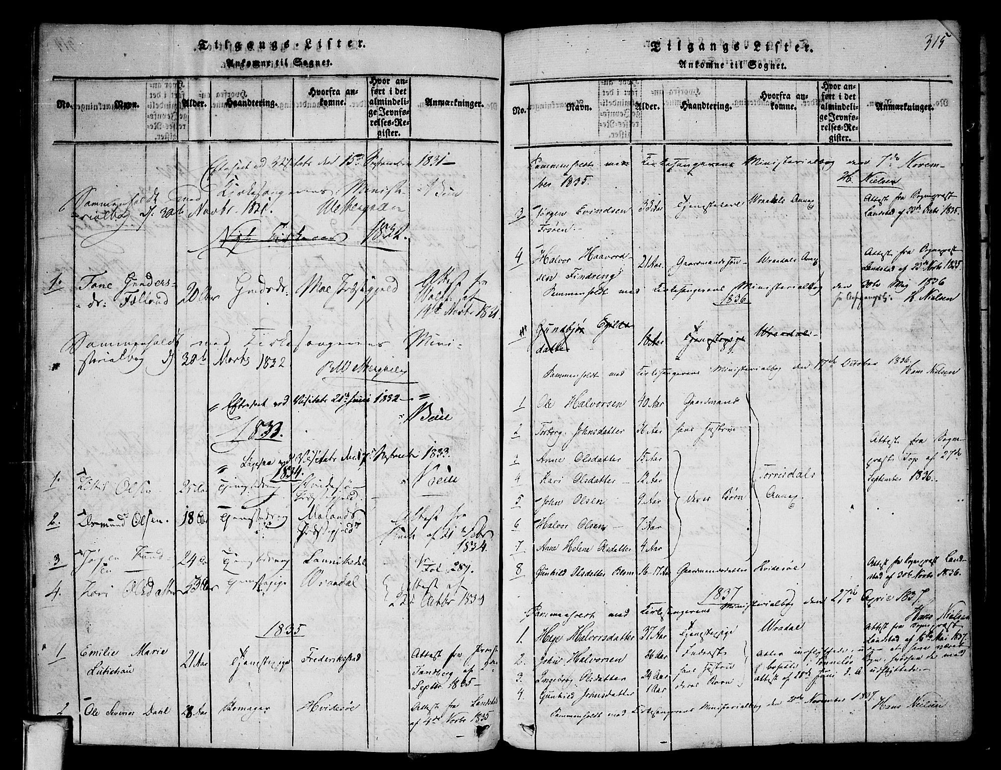 Nissedal kirkebøker, SAKO/A-288/F/Fa/L0002: Parish register (official) no. I 2, 1814-1845, p. 315