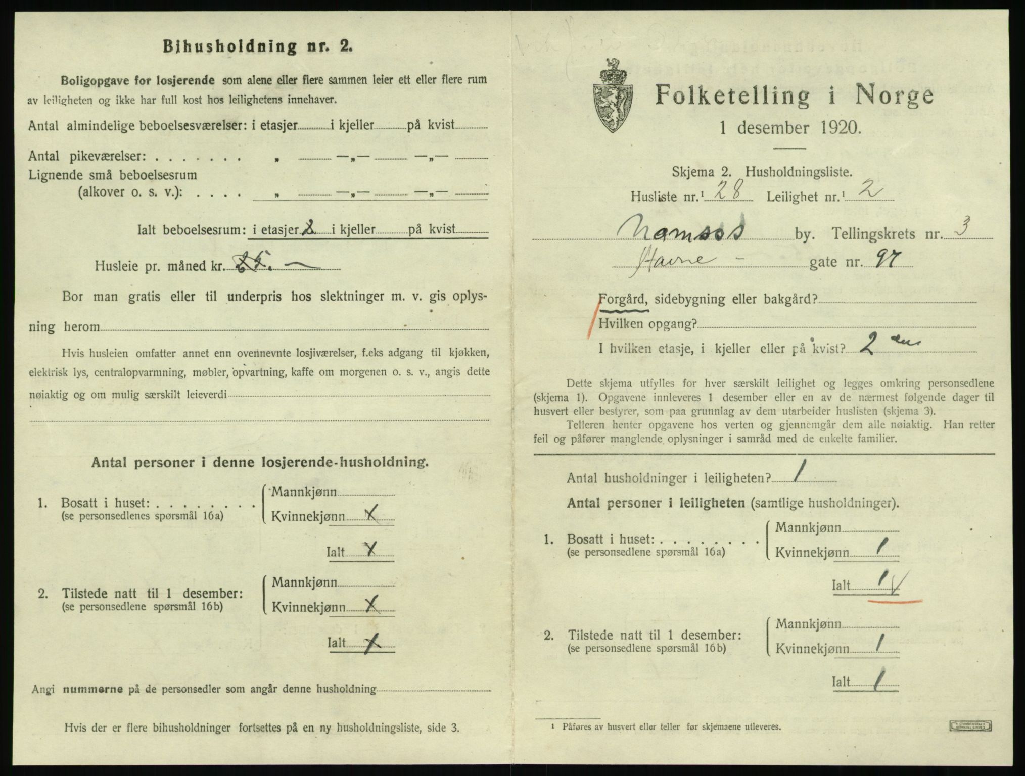 SAT, 1920 census for Namsos, 1920, p. 1223