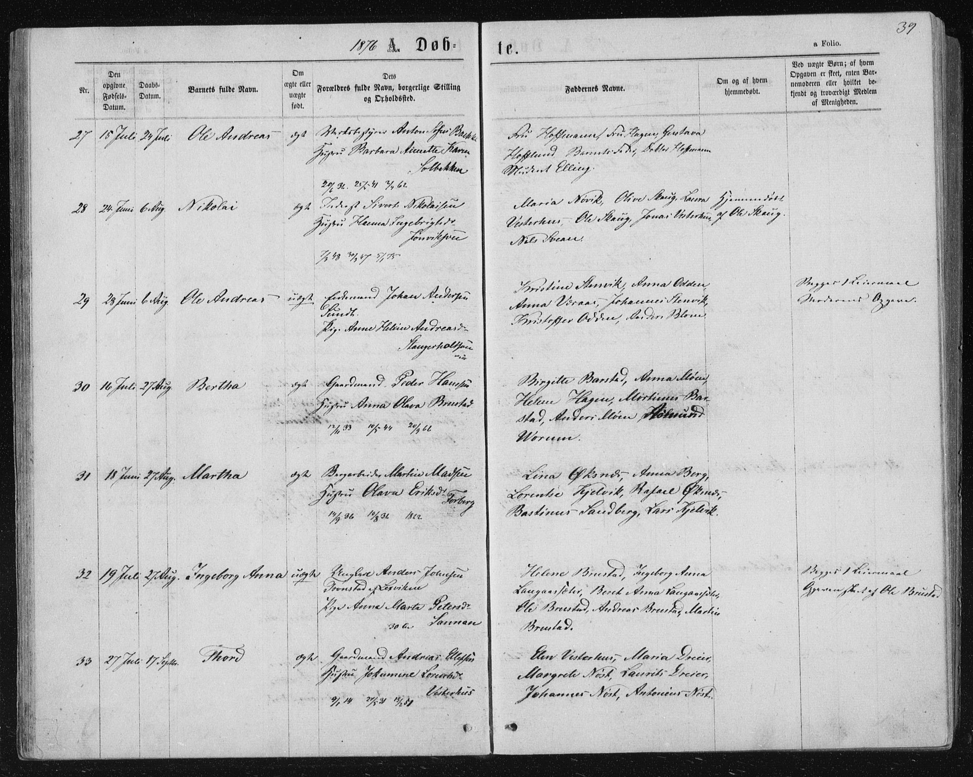 Ministerialprotokoller, klokkerbøker og fødselsregistre - Nord-Trøndelag, AV/SAT-A-1458/722/L0219: Parish register (official) no. 722A06, 1868-1880, p. 39