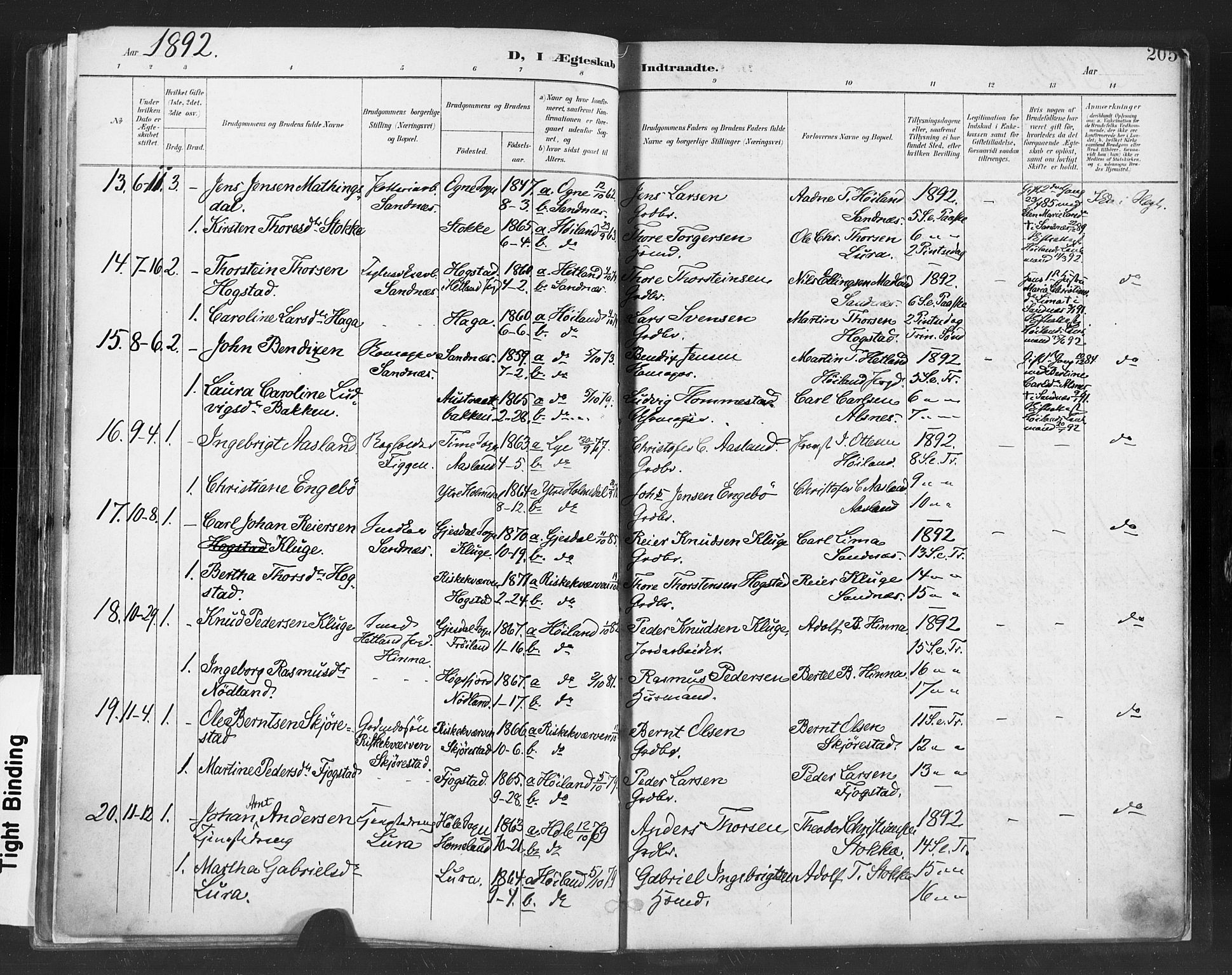 Høyland sokneprestkontor, SAST/A-101799/001/30BA/L0013: Parish register (official) no. A 13.1, 1889-1898, p. 205