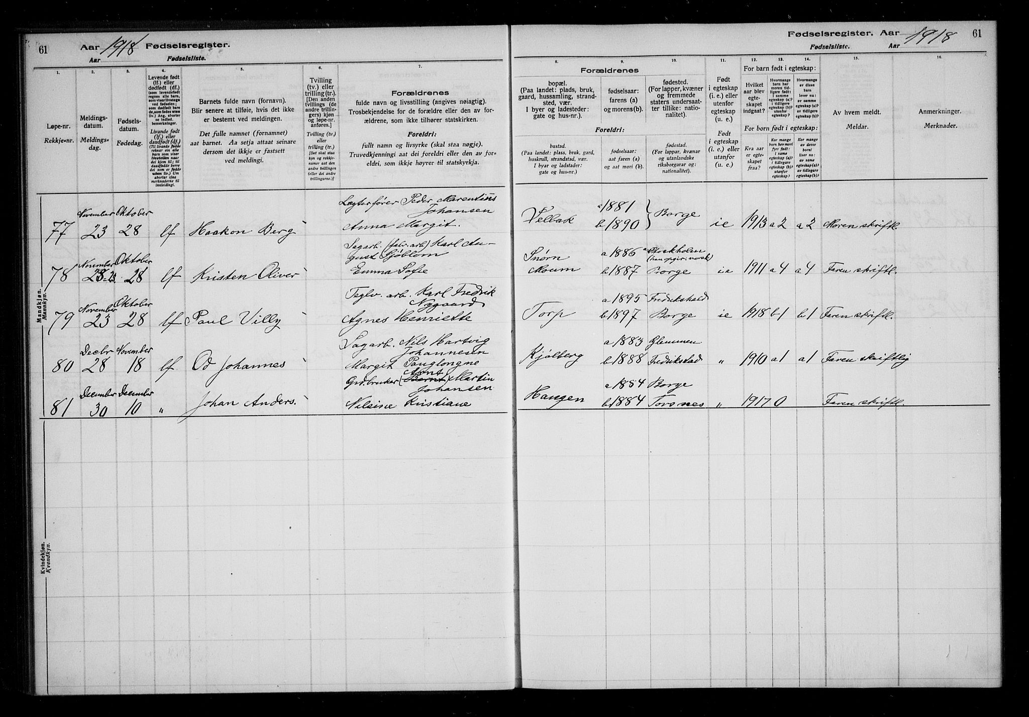 Borge prestekontor Kirkebøker, AV/SAO-A-10903/J/Ja/L0001: Birth register no. I 1, 1916-1925, p. 61