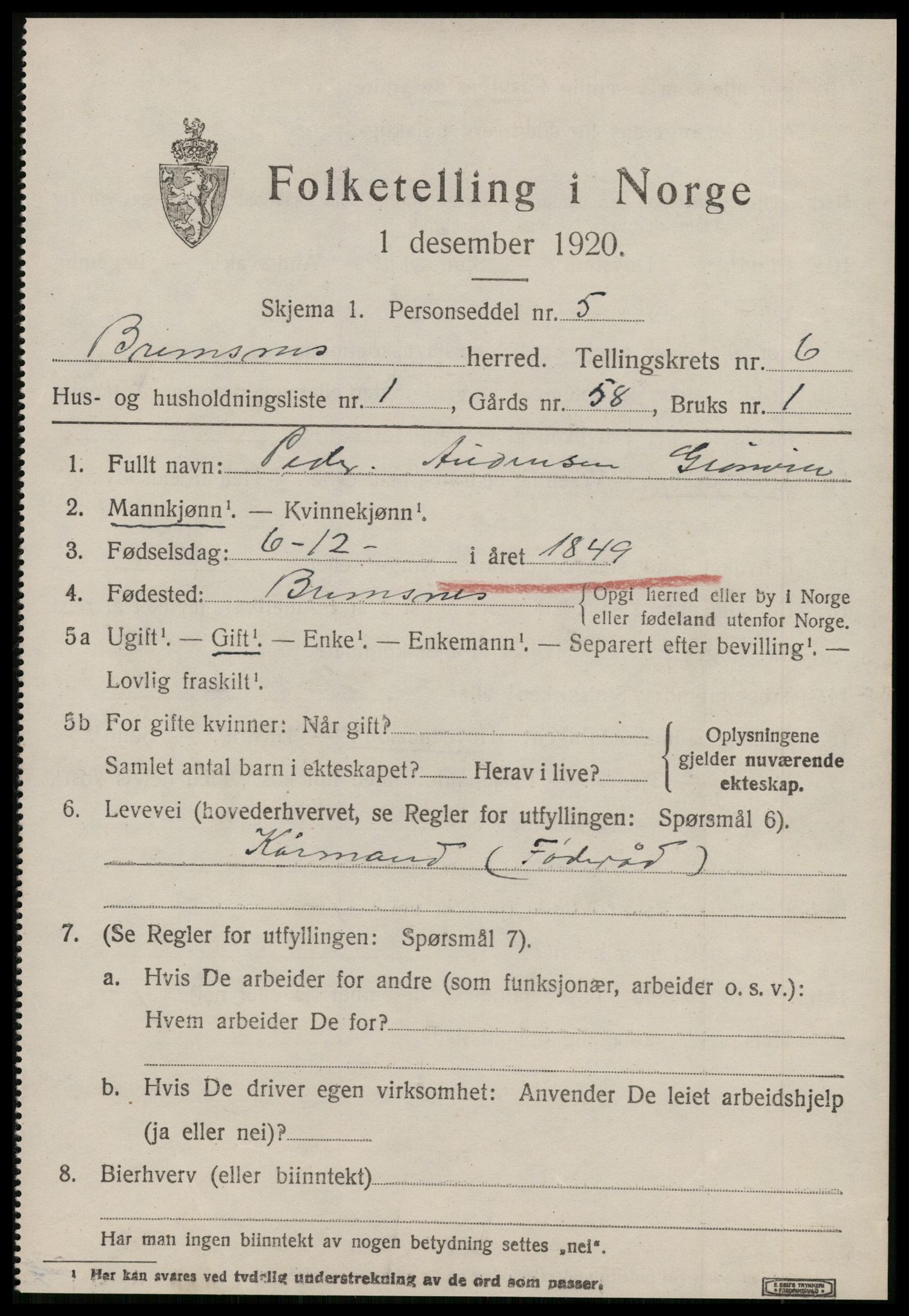 SAT, 1920 census for Bremsnes, 1920, p. 5153