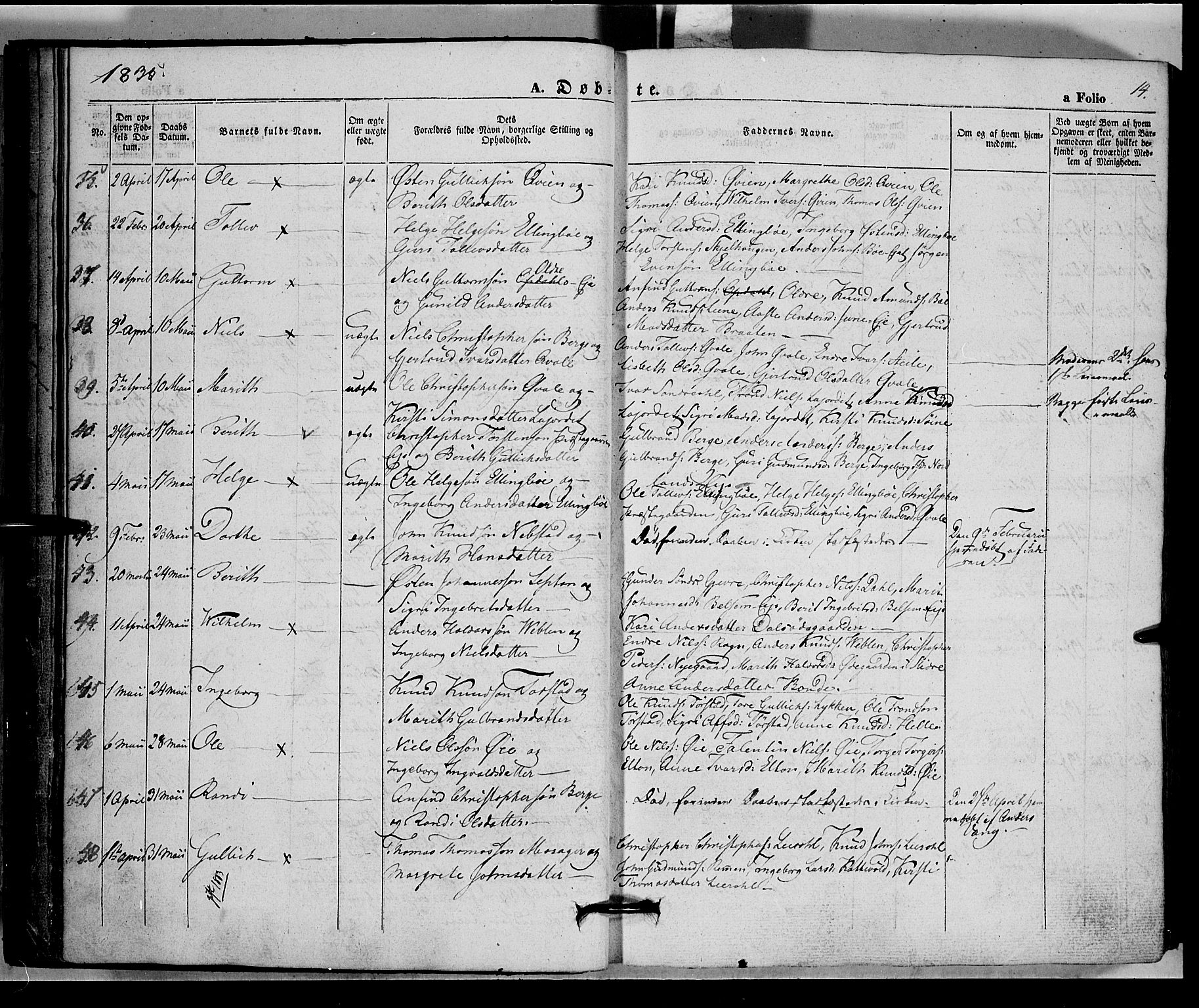 Vang prestekontor, Valdres, SAH/PREST-140/H/Ha/L0005: Parish register (official) no. 5, 1831-1845, p. 14