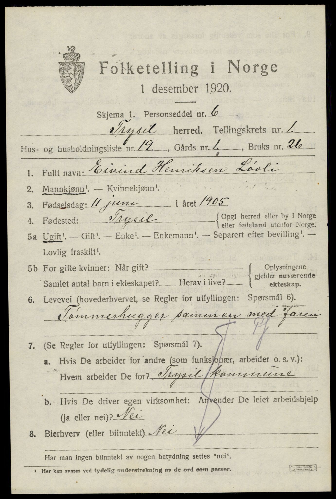 SAH, 1920 census for Trysil, 1920, p. 2785