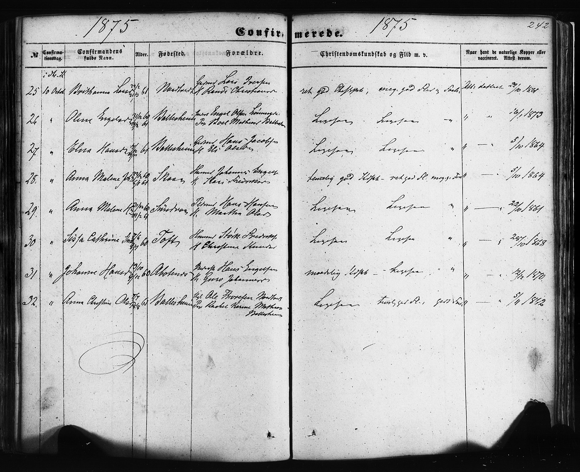 Fusa sokneprestembete, AV/SAB-A-75401/H/Haa: Parish register (official) no. A 1I, 1855-1879, p. 242