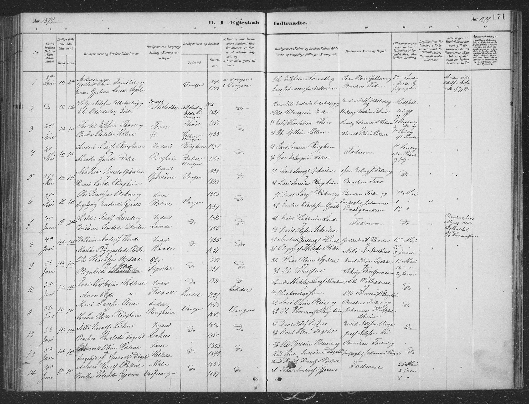 Voss sokneprestembete, SAB/A-79001/H/Hab: Parish register (copy) no. B 3, 1879-1894, p. 171