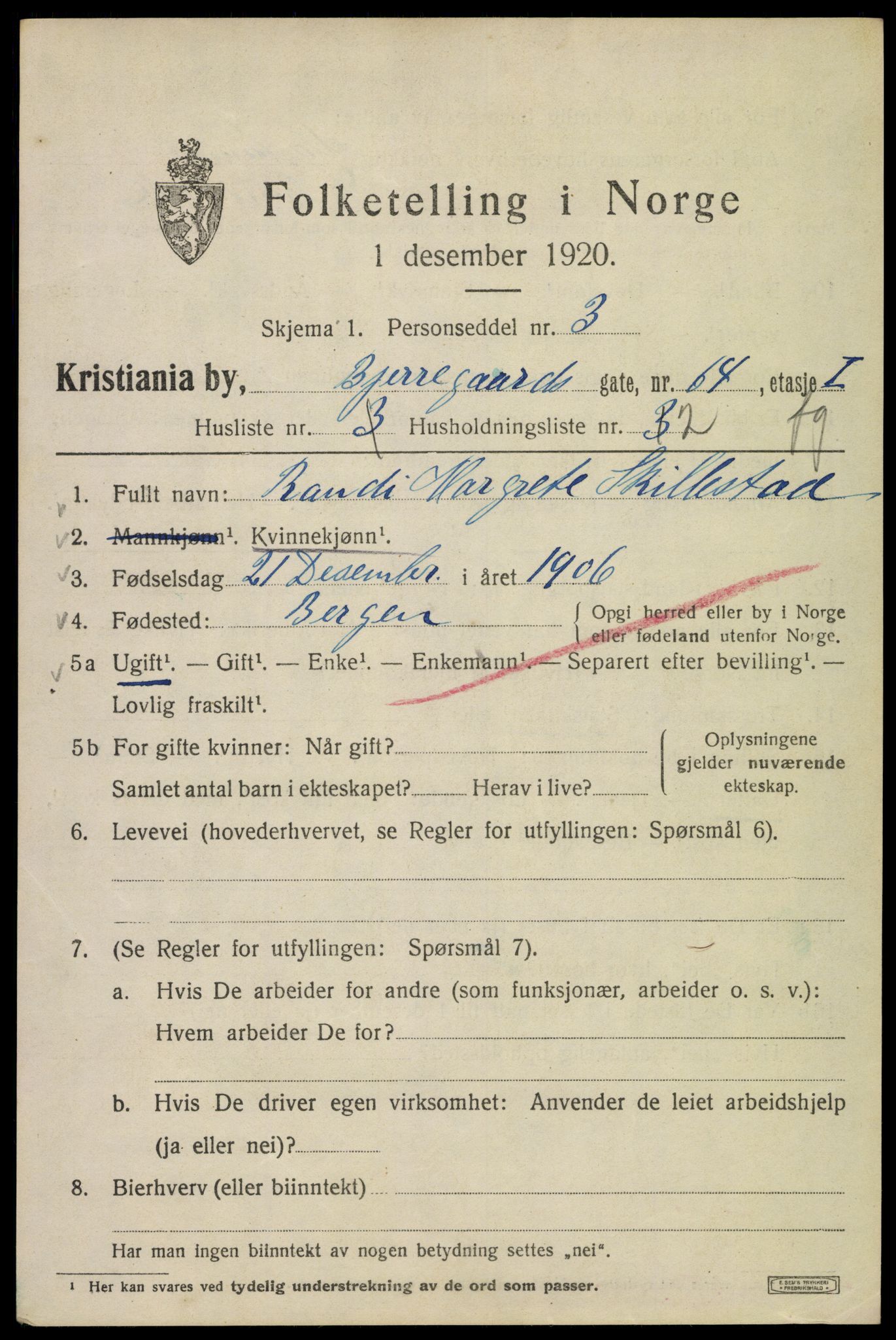 SAO, 1920 census for Kristiania, 1920, p. 161701