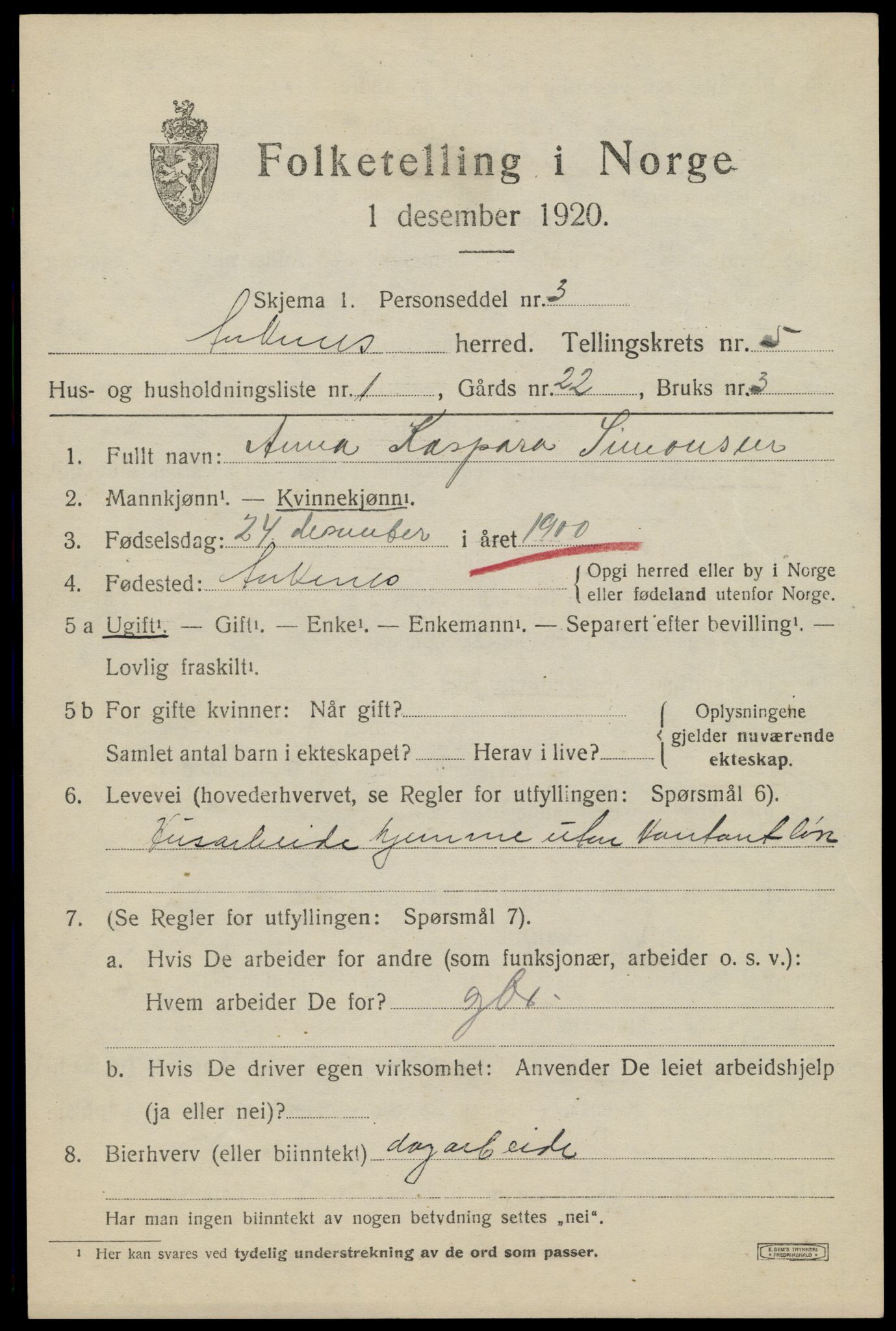 SAT, 1920 census for Ankenes, 1920, p. 3113