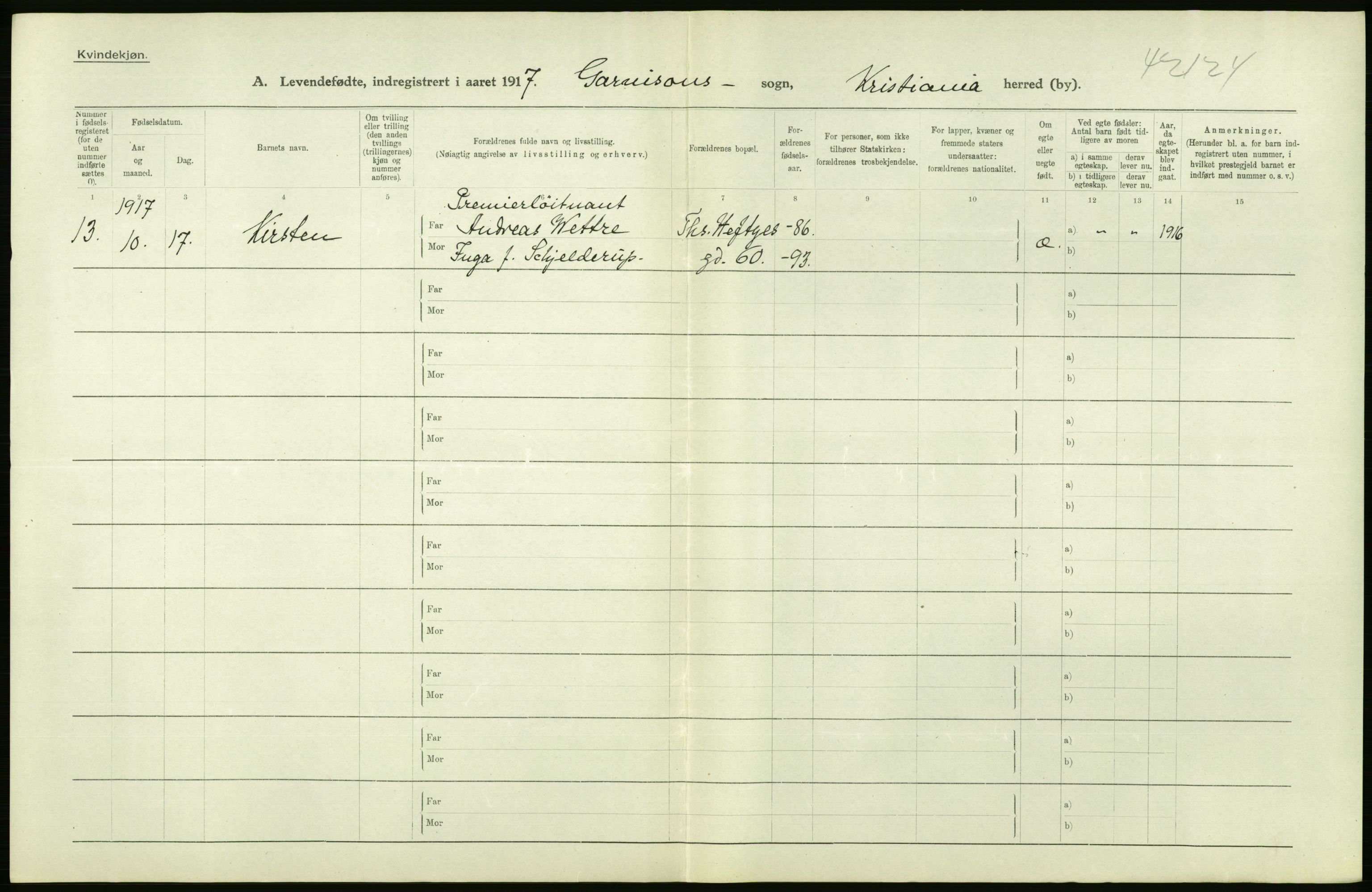 Statistisk sentralbyrå, Sosiodemografiske emner, Befolkning, RA/S-2228/D/Df/Dfb/Dfbg/L0007: Kristiania: Levendefødte menn og kvinner., 1917, p. 80