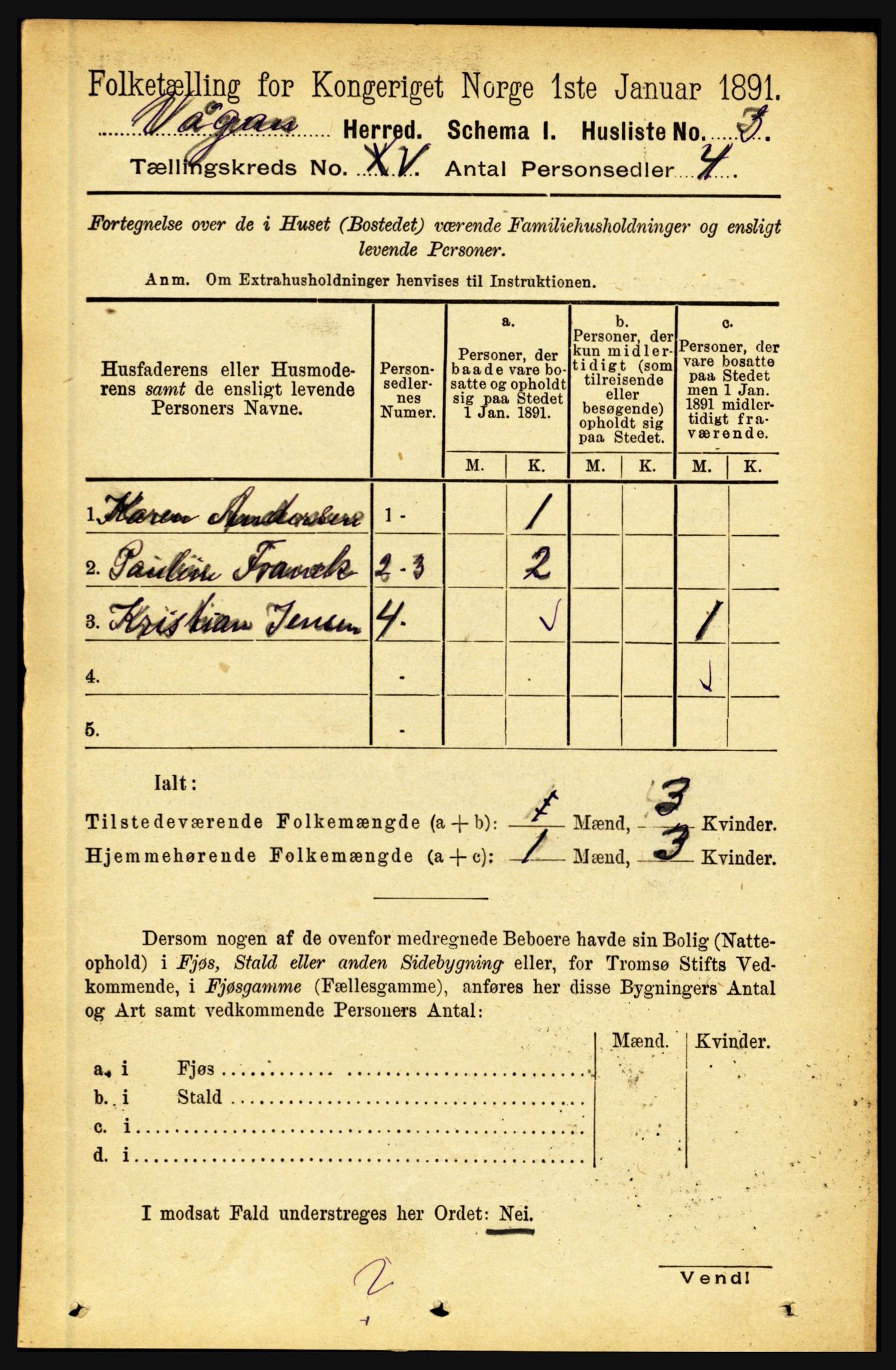 RA, 1891 census for 1865 Vågan, 1891, p. 4028