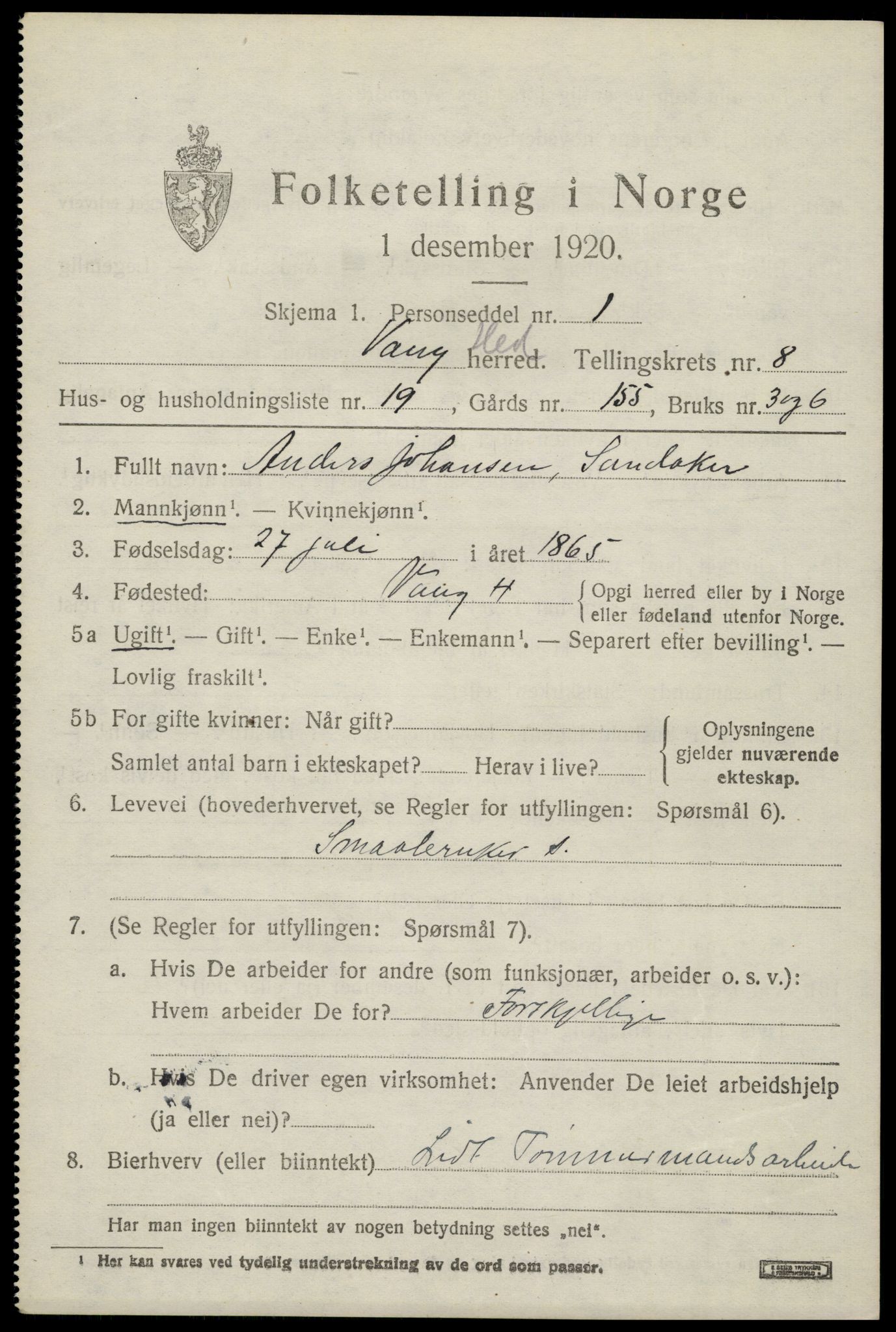 SAH, 1920 census for Vang (Hedmark), 1920, p. 17647