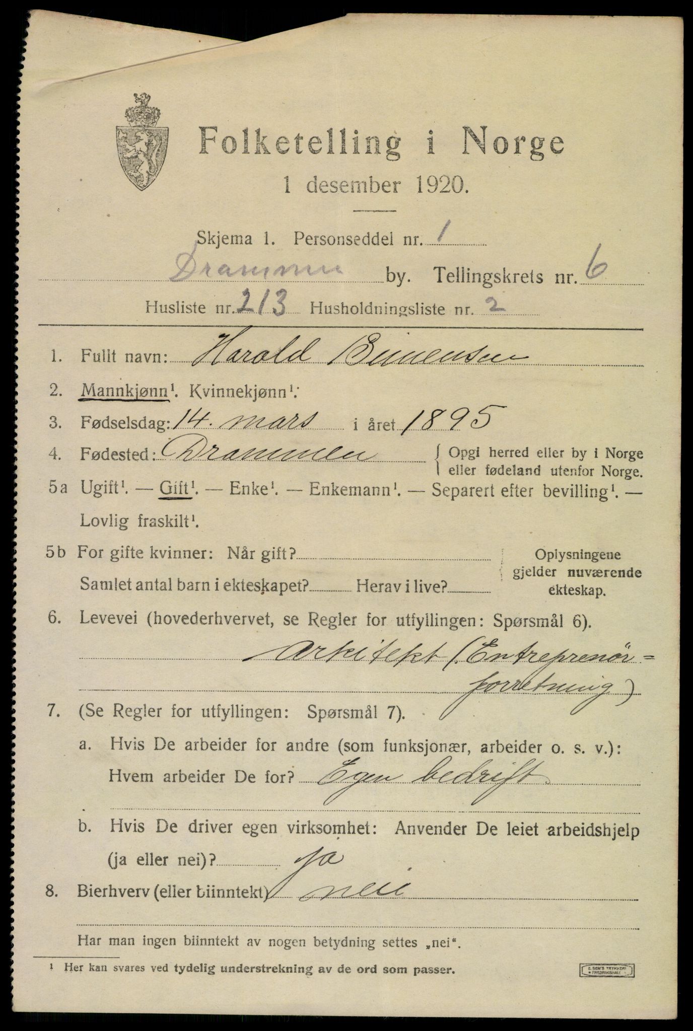 SAKO, 1920 census for Drammen, 1920, p. 46217