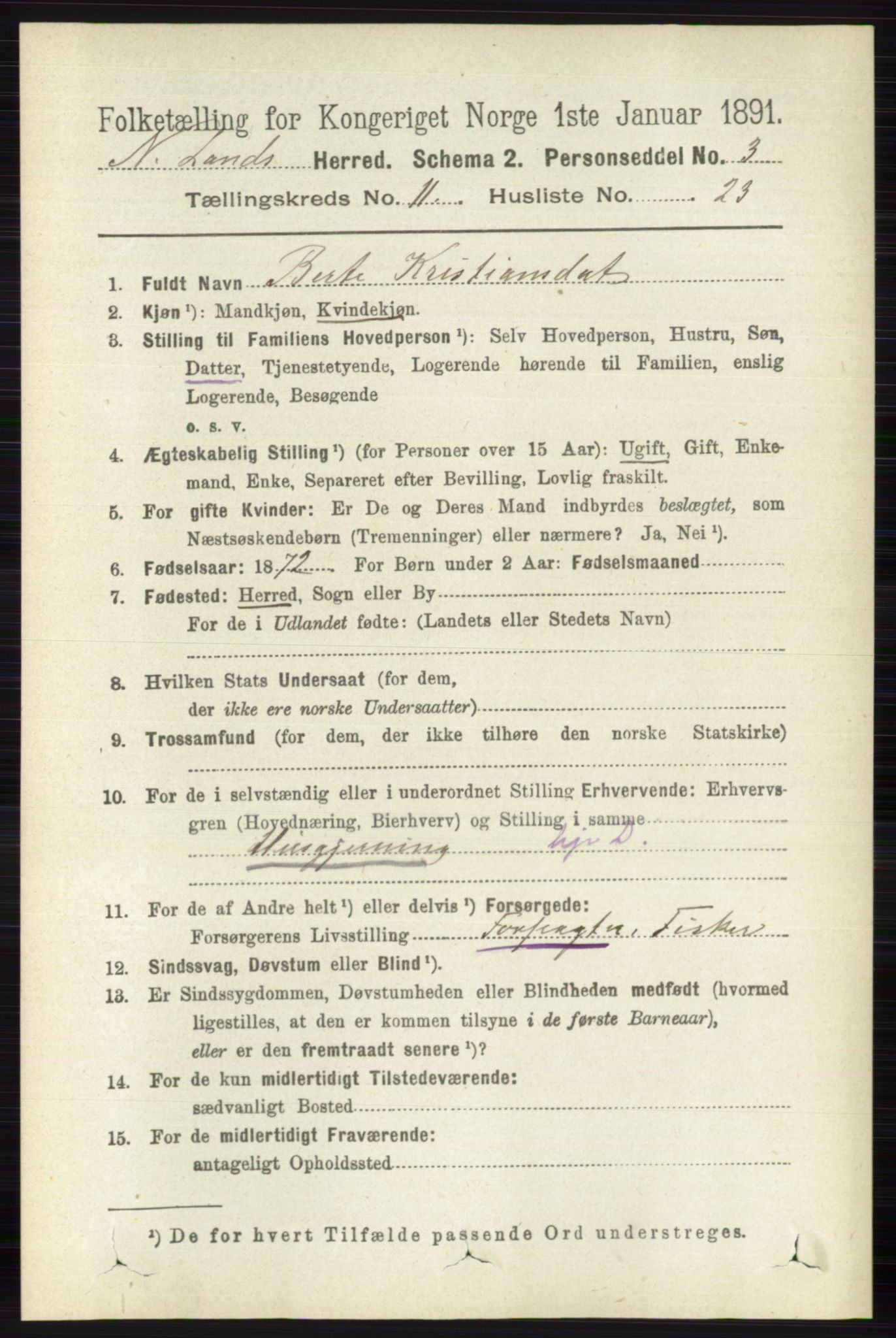 RA, 1891 census for 0538 Nordre Land, 1891, p. 3157