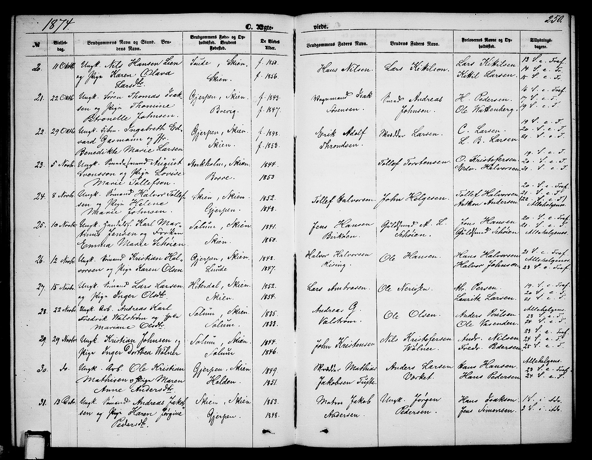Skien kirkebøker, SAKO/A-302/G/Ga/L0005: Parish register (copy) no. 5, 1868-1880, p. 250