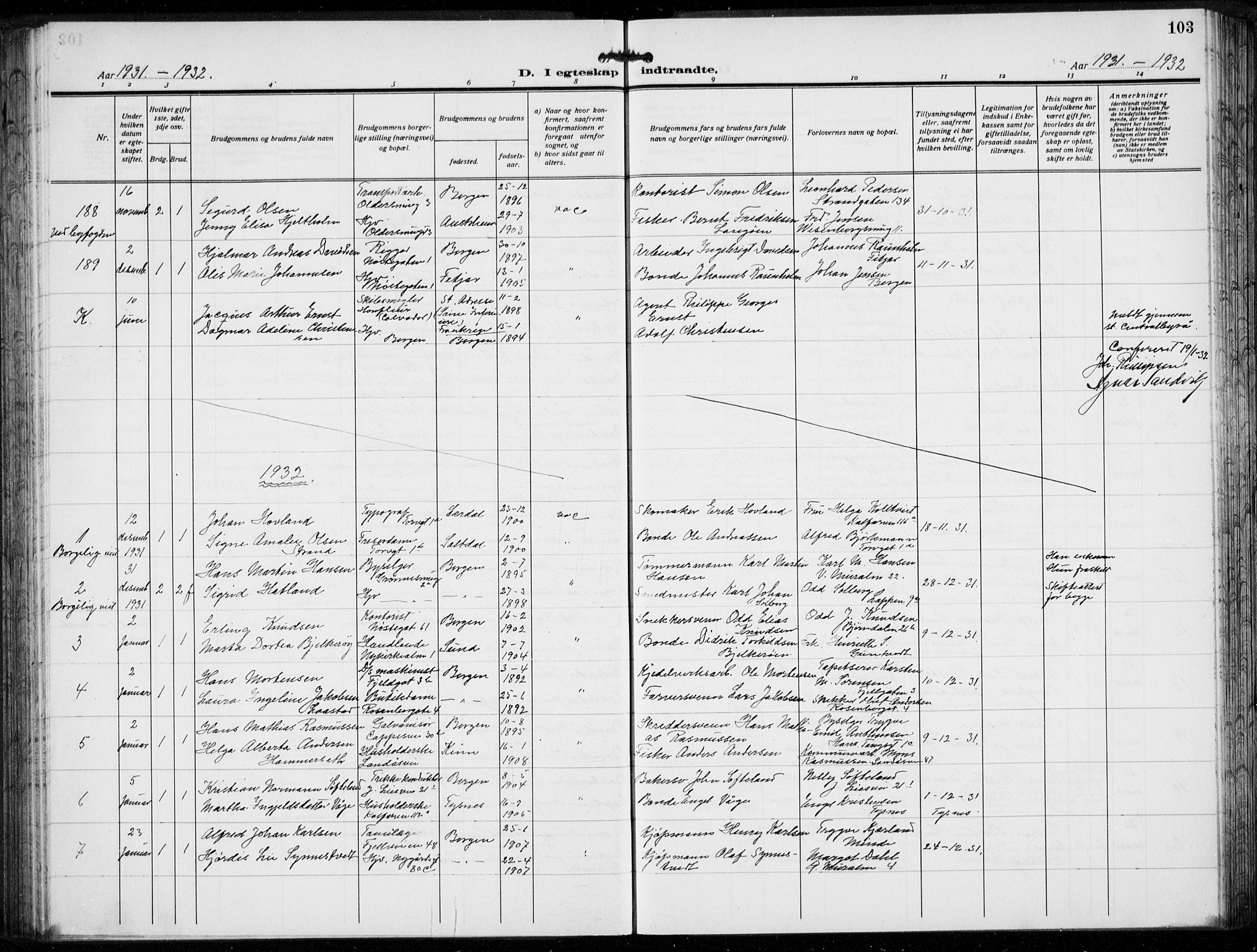 Domkirken sokneprestembete, AV/SAB-A-74801/H/Hab/L0034: Parish register (copy) no. D 6, 1924-1941, p. 103